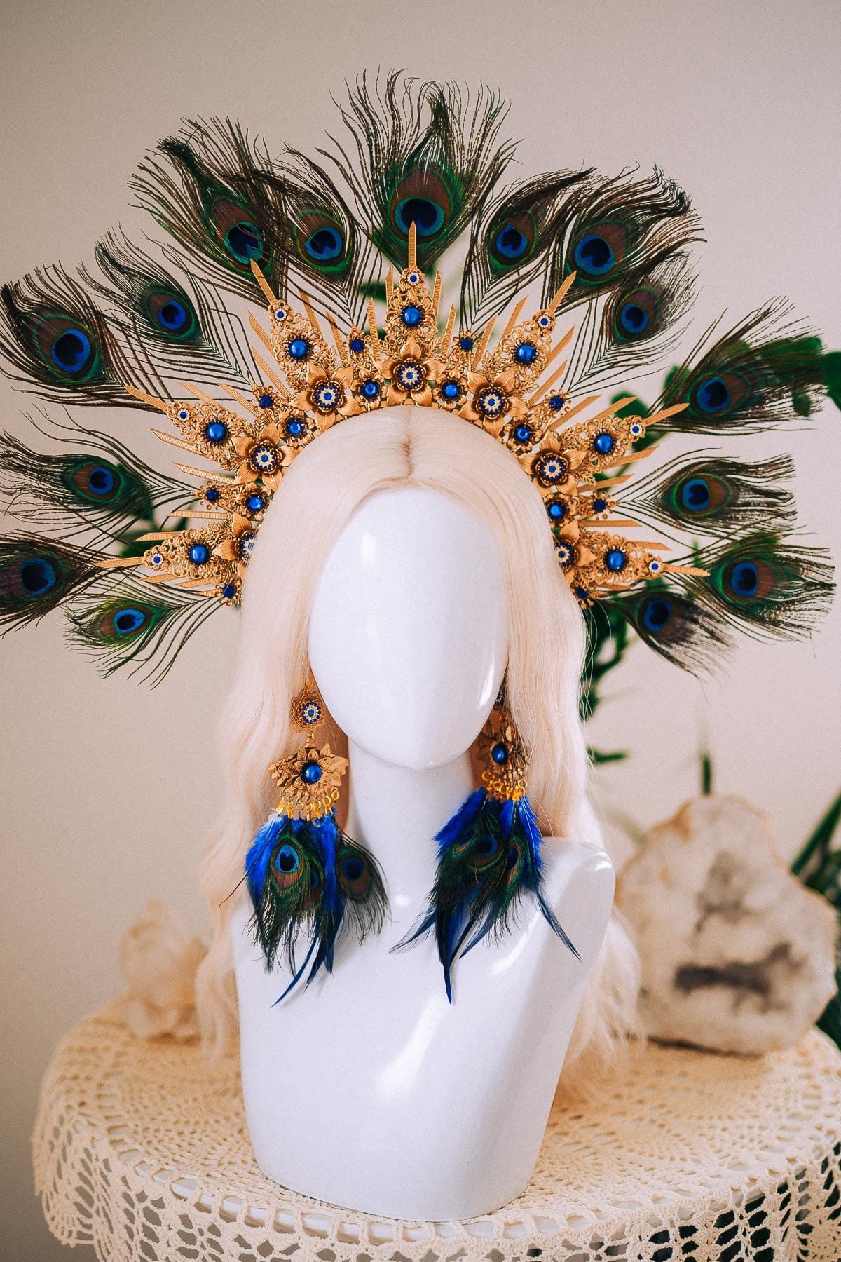Peacock Feather Earrings, Blue Masquerade Earrings, Fantasy Ball Jewelry, Royal Blue Statement Earrings, Venetian Mask Ball Accessories