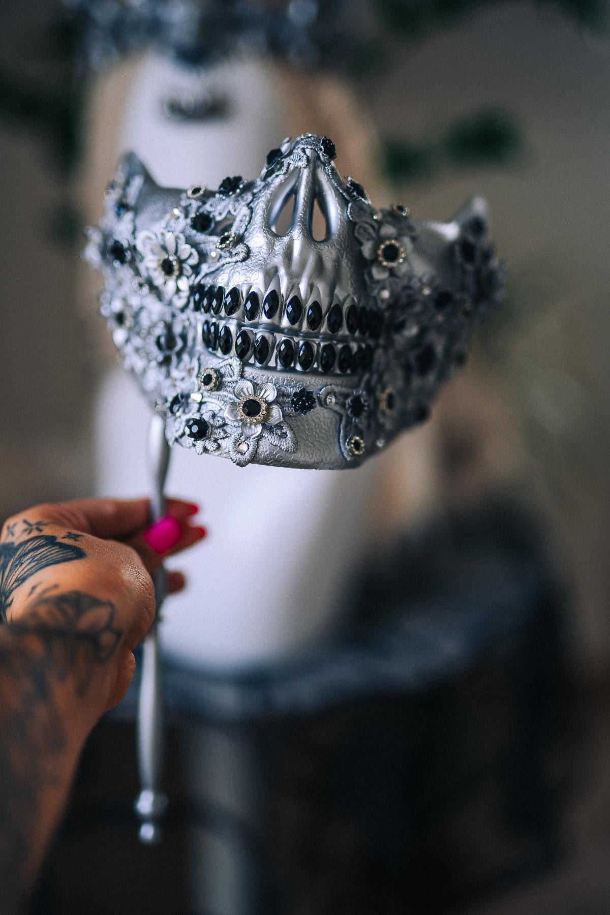 Skeleton Handheld Mask, Gothic Skull Masquerade Mask, Halloween Hand Mask, Venetian Skull Mask, Luxury Gothic Costume Accessory