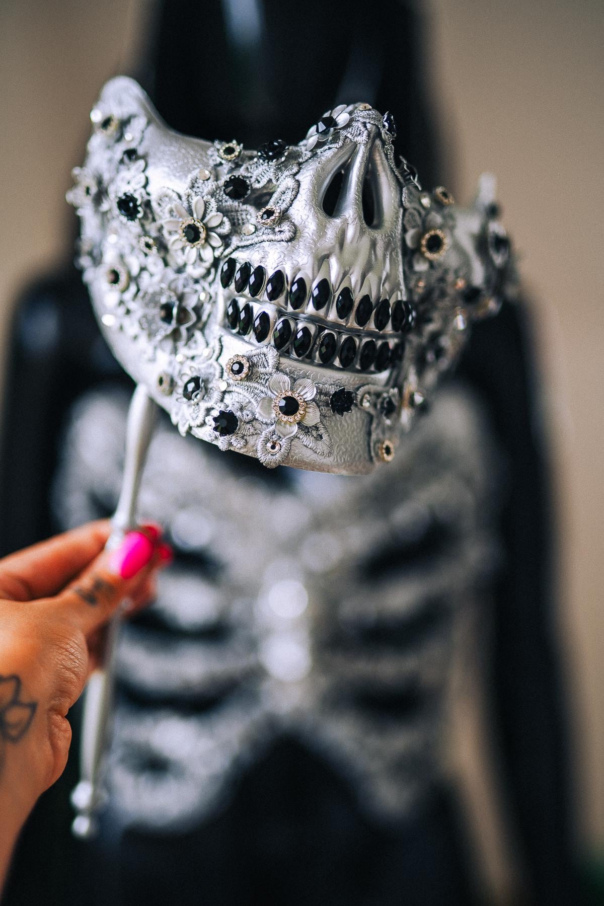 Skeleton Handheld Mask, Gothic Skull Masquerade Mask, Halloween Hand Mask, Venetian Skull Mask, Luxury Gothic Costume Accessory