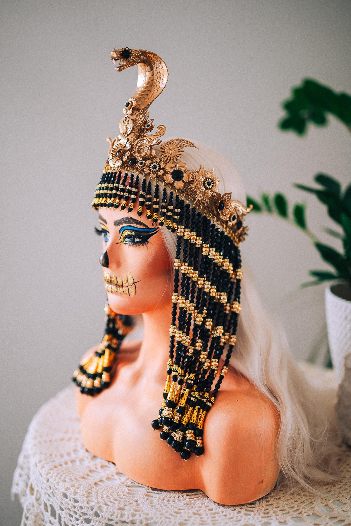 Black Cleopatra Crown, Egyptian Queen Headpiece, Beaded Cleopatra Headdress, Pharaoh Crown, Ancient Egypt Costume