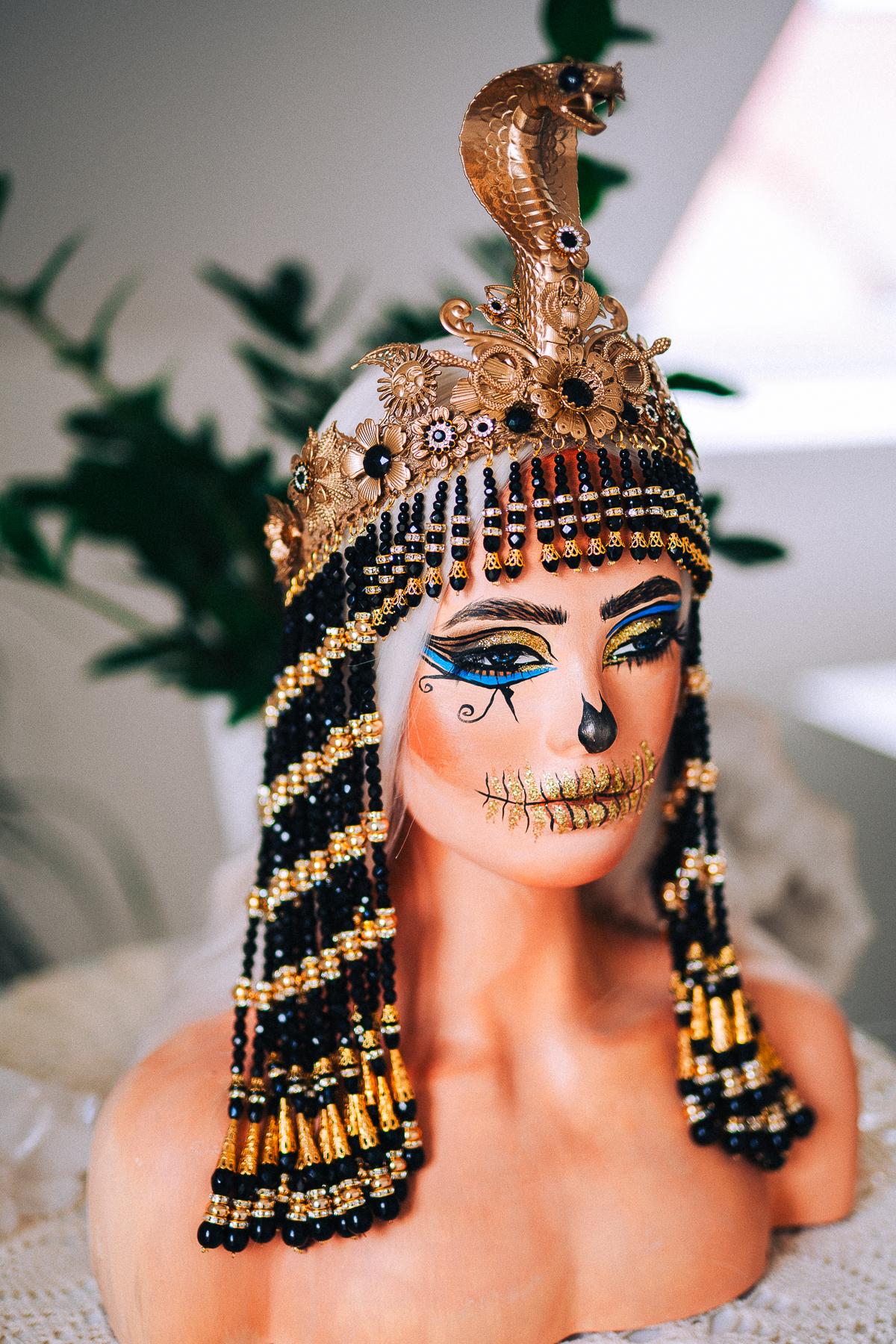 Black Cleopatra Crown, Egyptian Queen Headpiece, Beaded Cleopatra Headdress, Pharaoh Crown, Ancient Egypt Costume