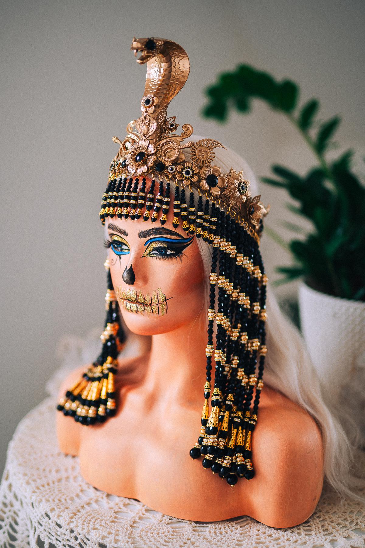 Black Cleopatra Crown, Egyptian Queen Headpiece, Beaded Cleopatra Headdress, Pharaoh Crown, Ancient Egypt Costume