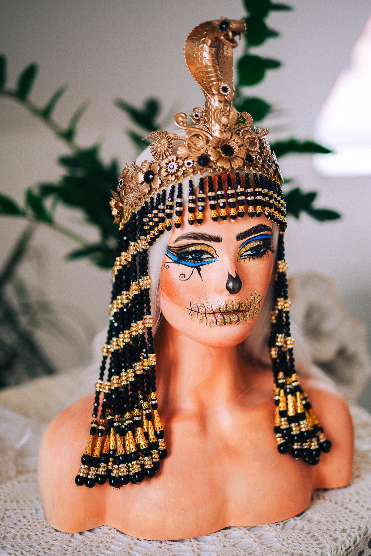 Black Cleopatra Crown, Egyptian Queen Headpiece, Beaded Cleopatra Headdress, Pharaoh Crown, Ancient Egypt Costume