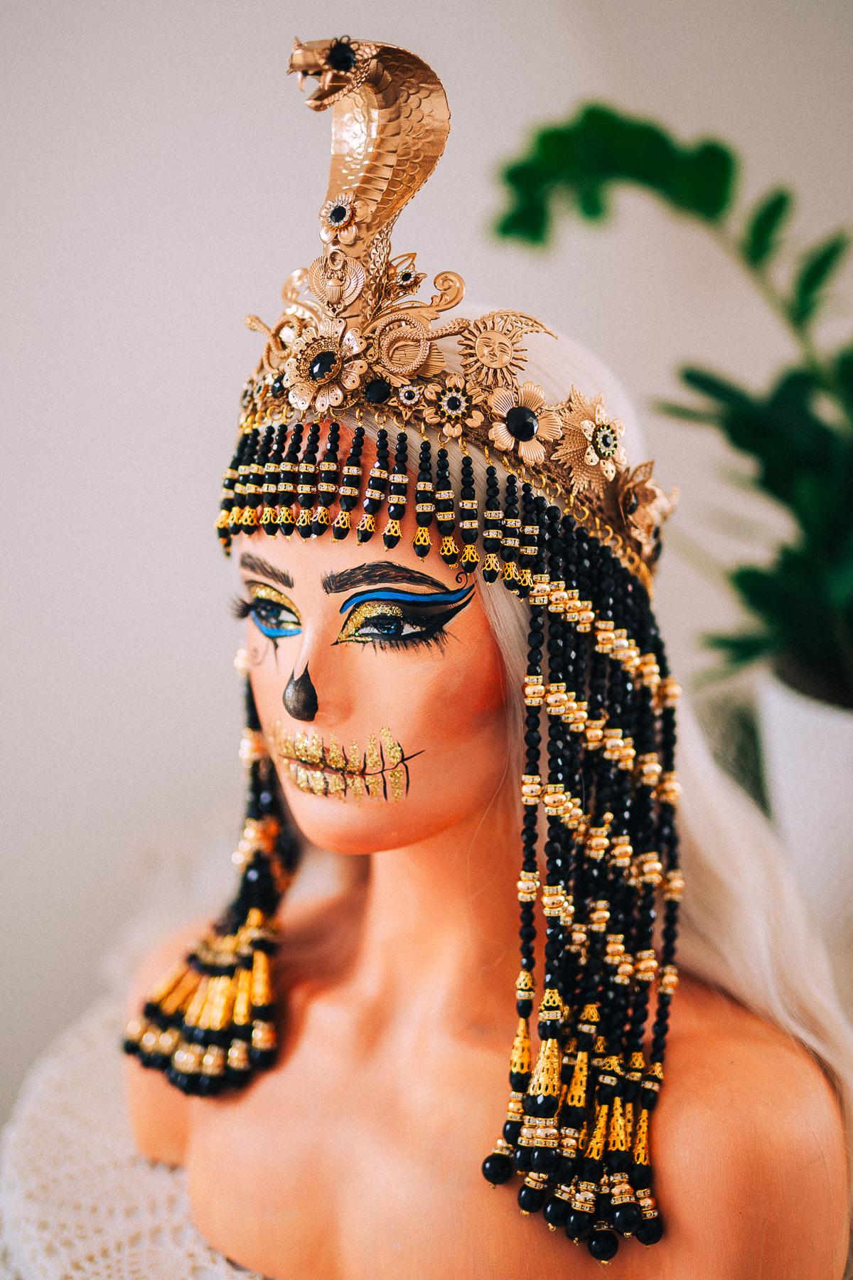 Black Cleopatra Crown, Egyptian Queen Headpiece, Beaded Cleopatra Headdress, Pharaoh Crown, Ancient Egypt Costume