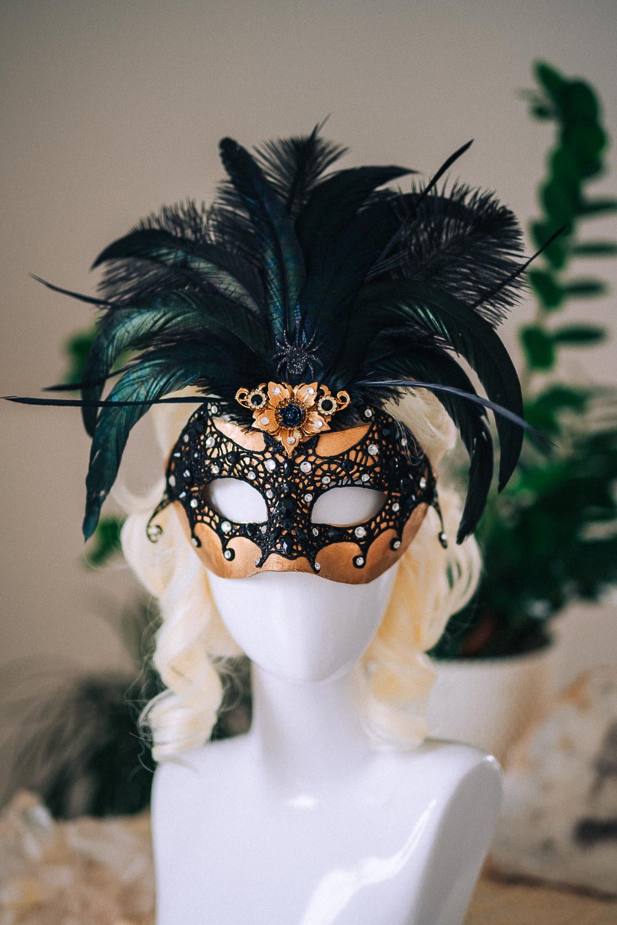Bat Masquerade Mask, Black Lace Mask, Gothic Feather Mask, Venetian Carnival Mask, Halloween Masquerade Mask