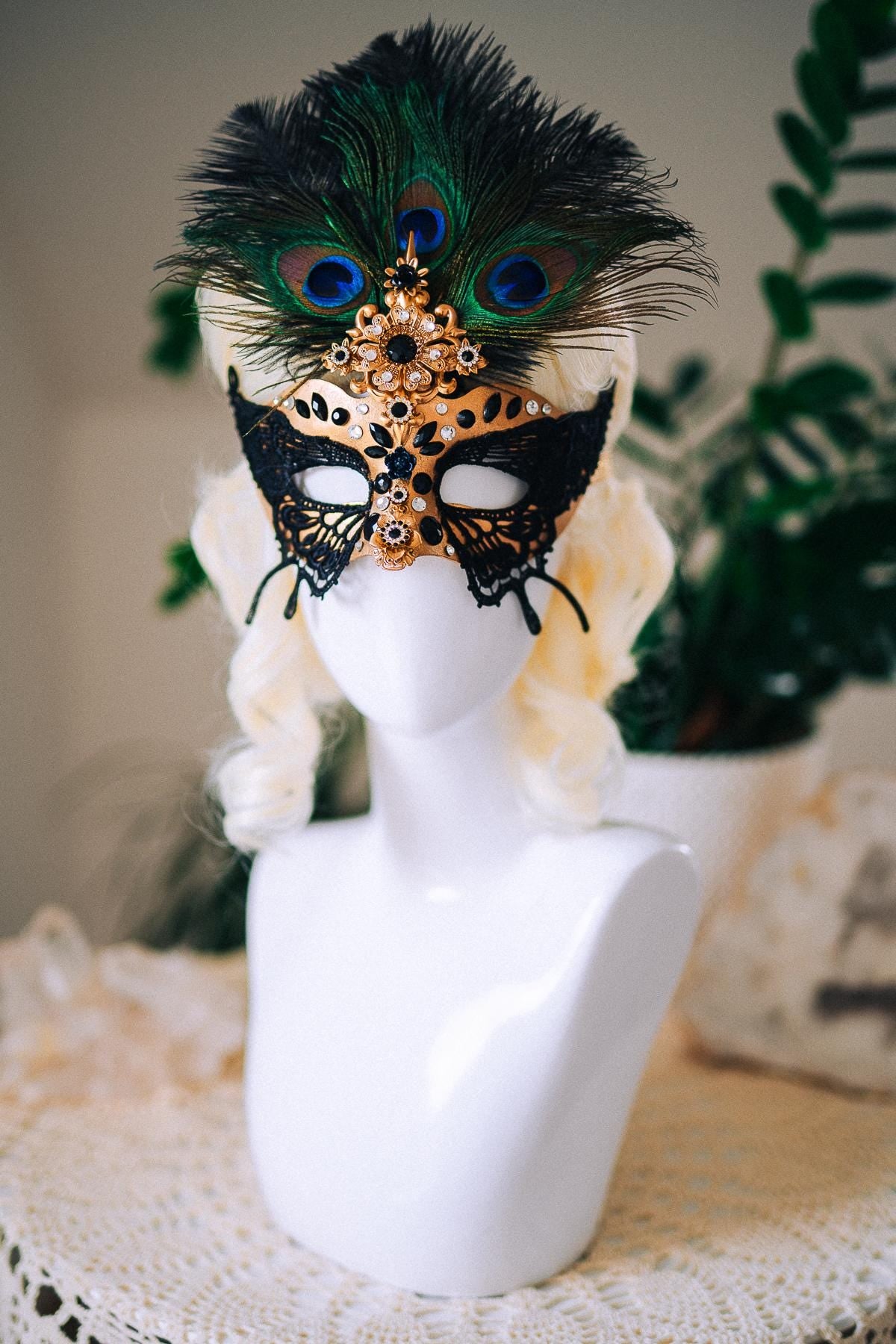 Butterfly Masquerade Mask, Peacock Feather Mask, Black Lace Mask, Venetian Carnival Mask, Gothic Halloween Mask