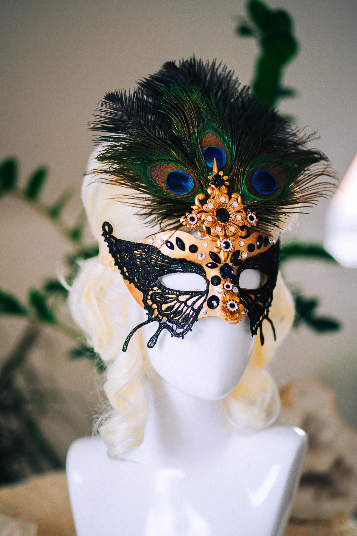 Butterfly Masquerade Mask, Peacock Feather Mask, Black Lace Mask, Venetian Carnival Mask, Gothic Halloween Mask