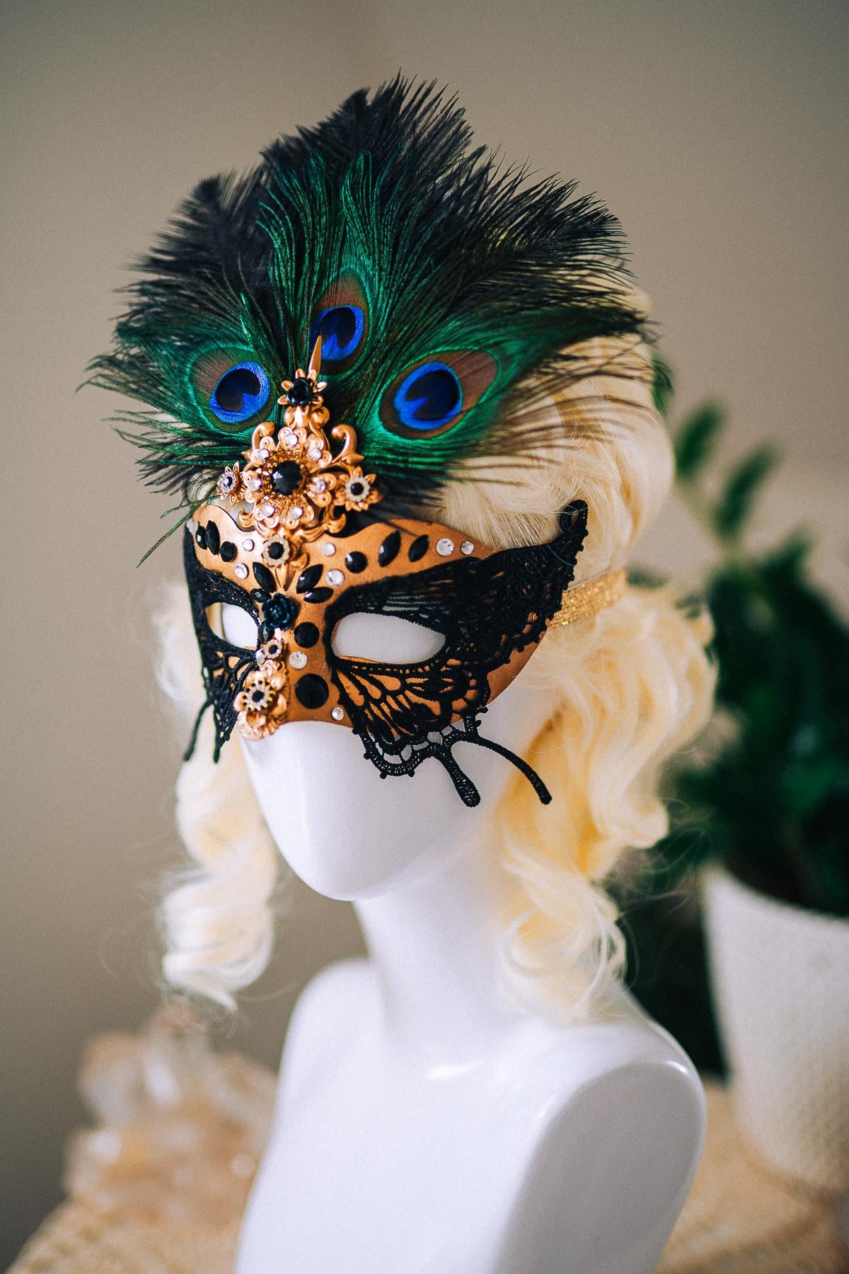 Butterfly Masquerade Mask, Peacock Feather Mask, Black Lace Mask, Venetian Carnival Mask, Gothic Halloween Mask