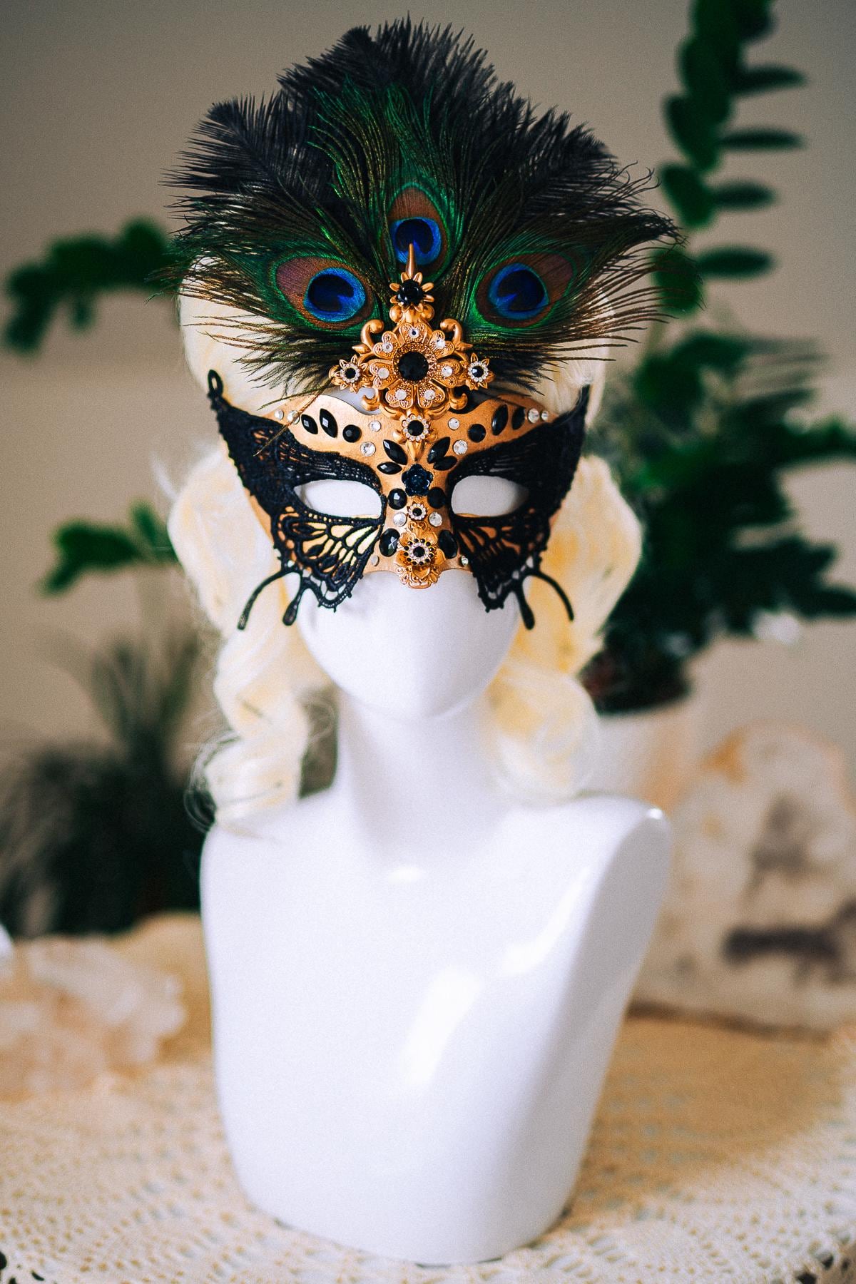 Butterfly Masquerade Mask, Peacock Feather Mask, Black Lace Mask, Venetian Carnival Mask, Gothic Halloween Mask