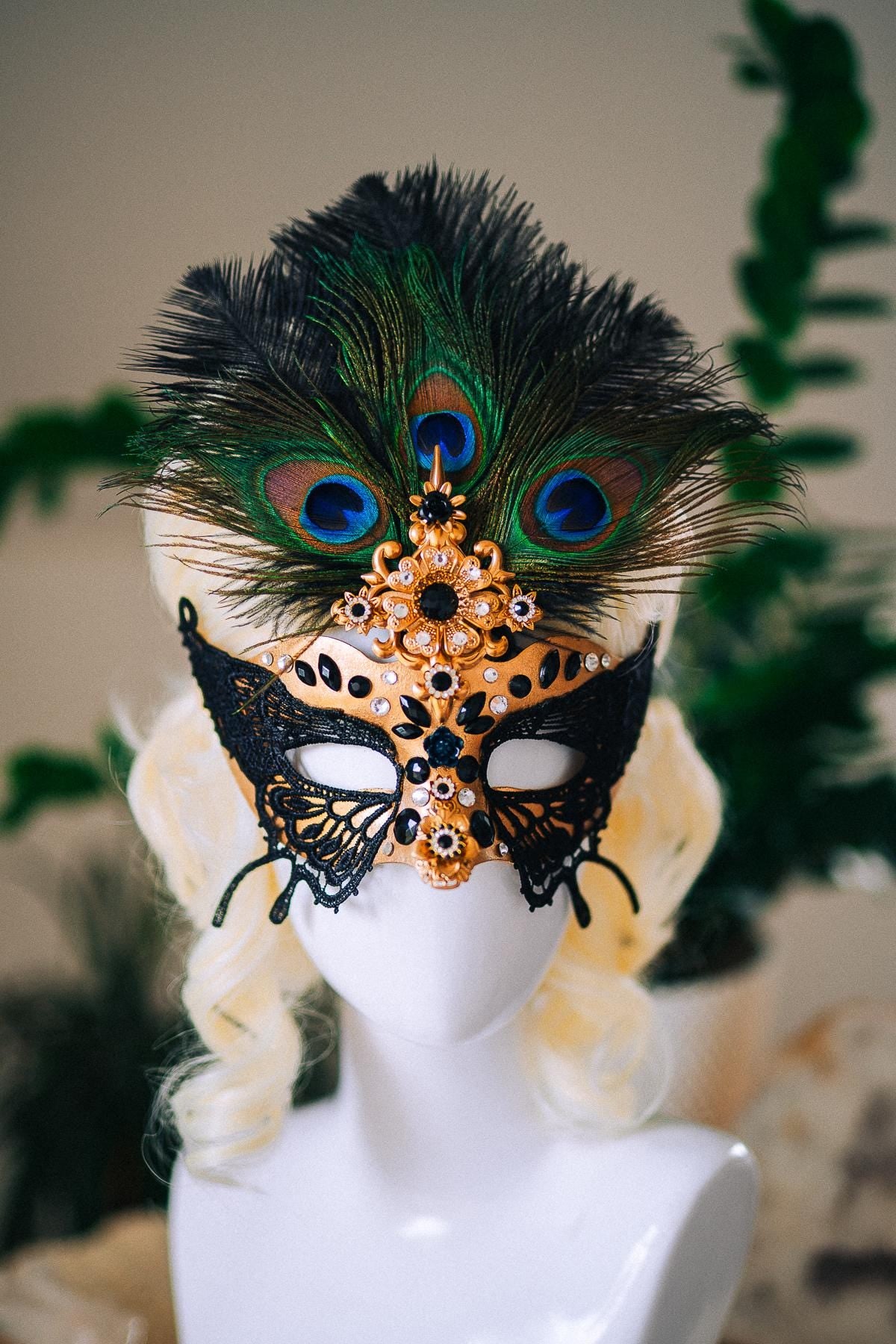 Butterfly Masquerade Mask, Peacock Feather Mask, Black Lace Mask, Venetian Carnival Mask, Gothic Halloween Mask