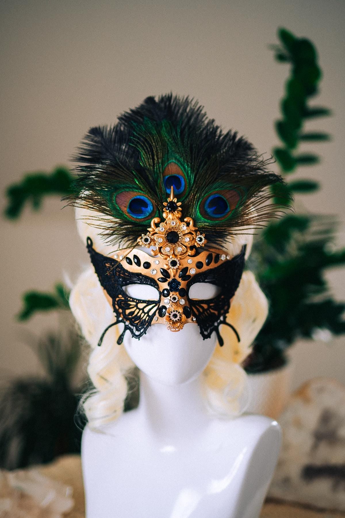 Butterfly Masquerade Mask, Peacock Feather Mask, Black Lace Mask, Venetian Carnival Mask, Gothic Halloween Mask