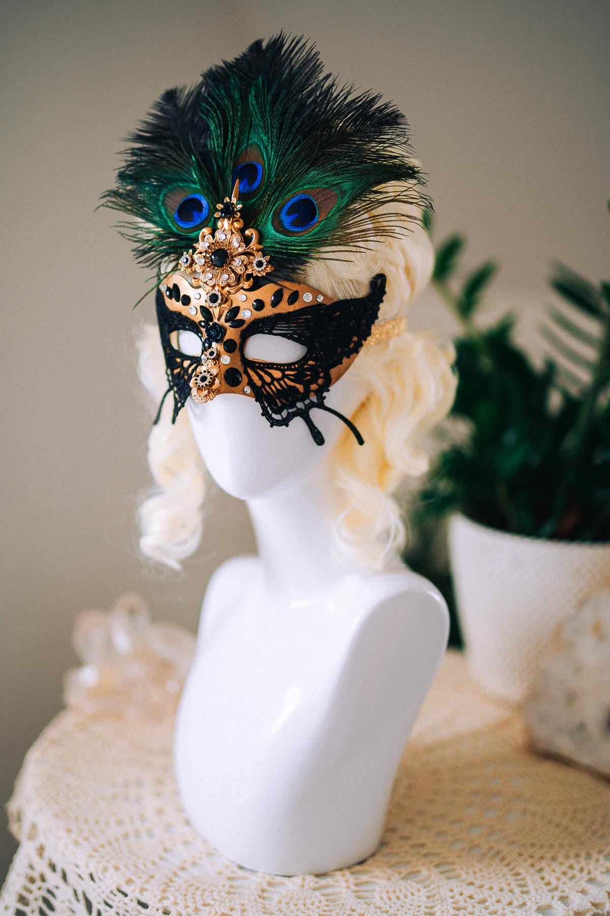 Butterfly Masquerade Mask, Peacock Feather Mask, Black Lace Mask, Venetian Carnival Mask, Gothic Halloween Mask