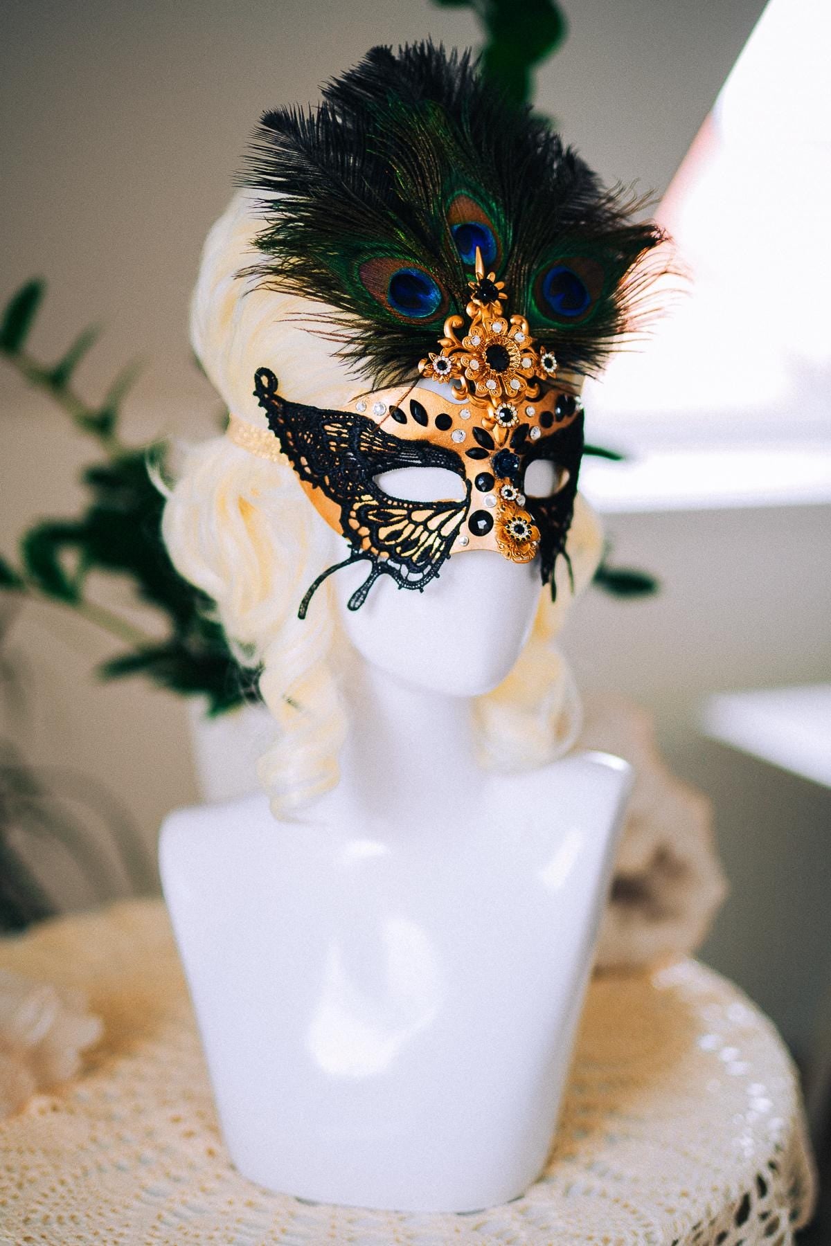 Butterfly Masquerade Mask, Peacock Feather Mask, Black Lace Mask, Venetian Carnival Mask, Gothic Halloween Mask