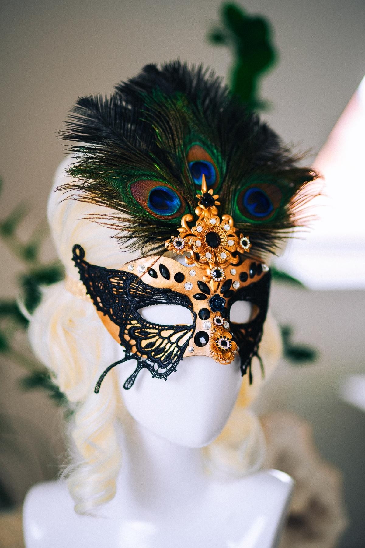 Butterfly Masquerade Mask, Peacock Feather Mask, Black Lace Mask, Venetian Carnival Mask, Gothic Halloween Mask