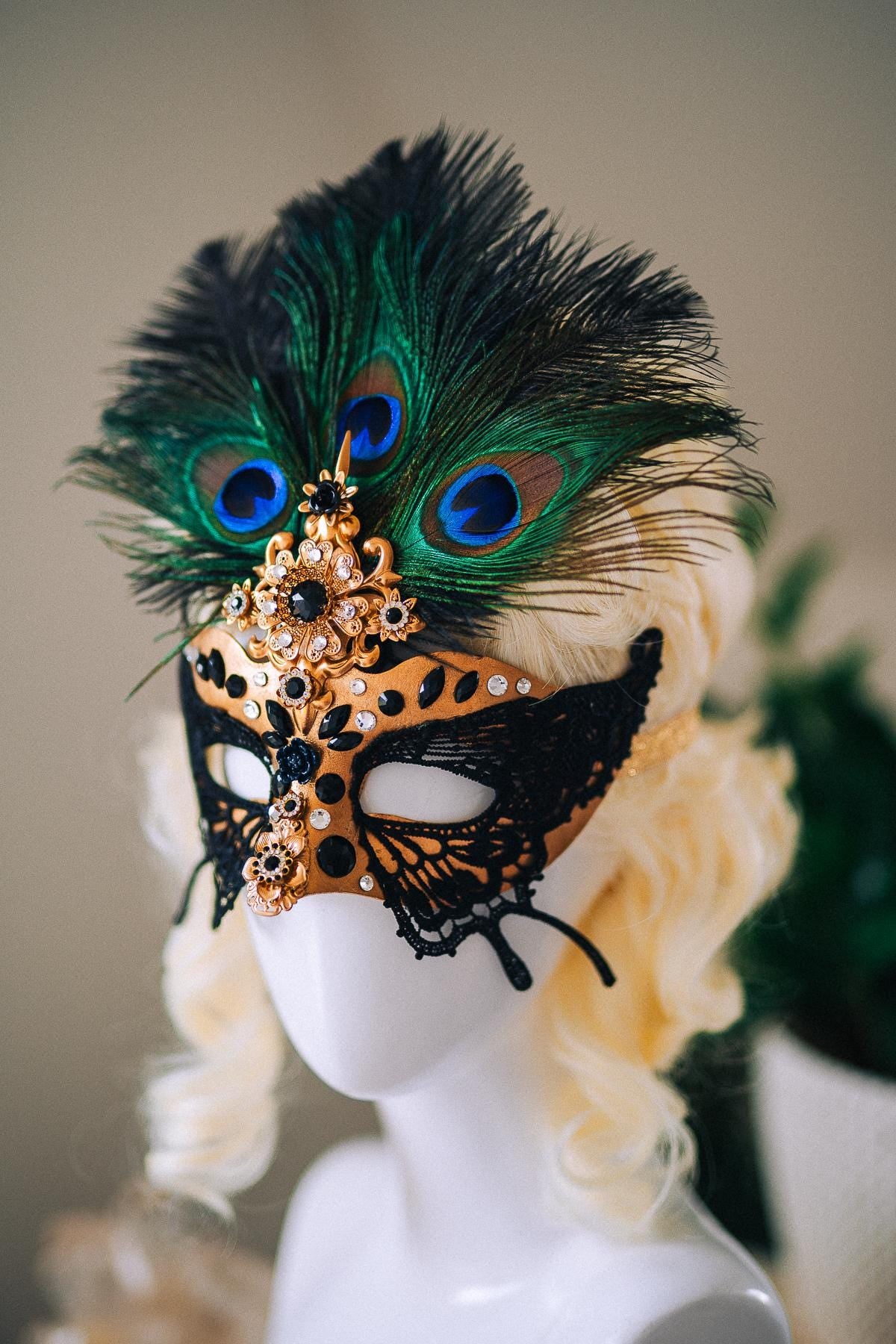 Butterfly Masquerade Mask, Peacock Feather Mask, Black Lace Mask, Venetian Carnival Mask, Gothic Halloween Mask