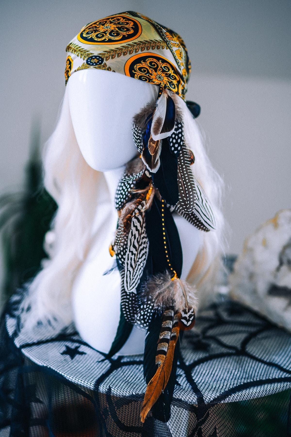 Pirate Feather Hair Clip with Scarf – Renaissance Pirate Hair Accessory
