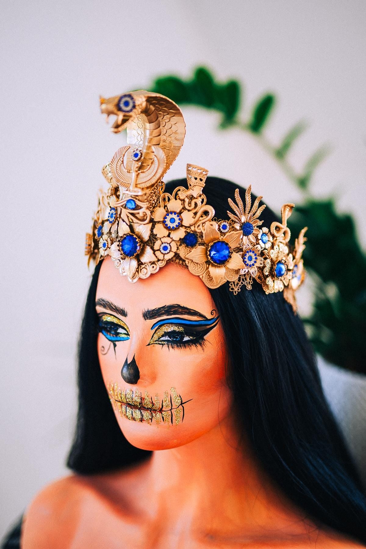Luxury Cleopatra Crown, Egyptian Cobra Crown, Blue Gold Halloween Crown, Queen of the Nile Headpiece, Fantasy Costume Crown