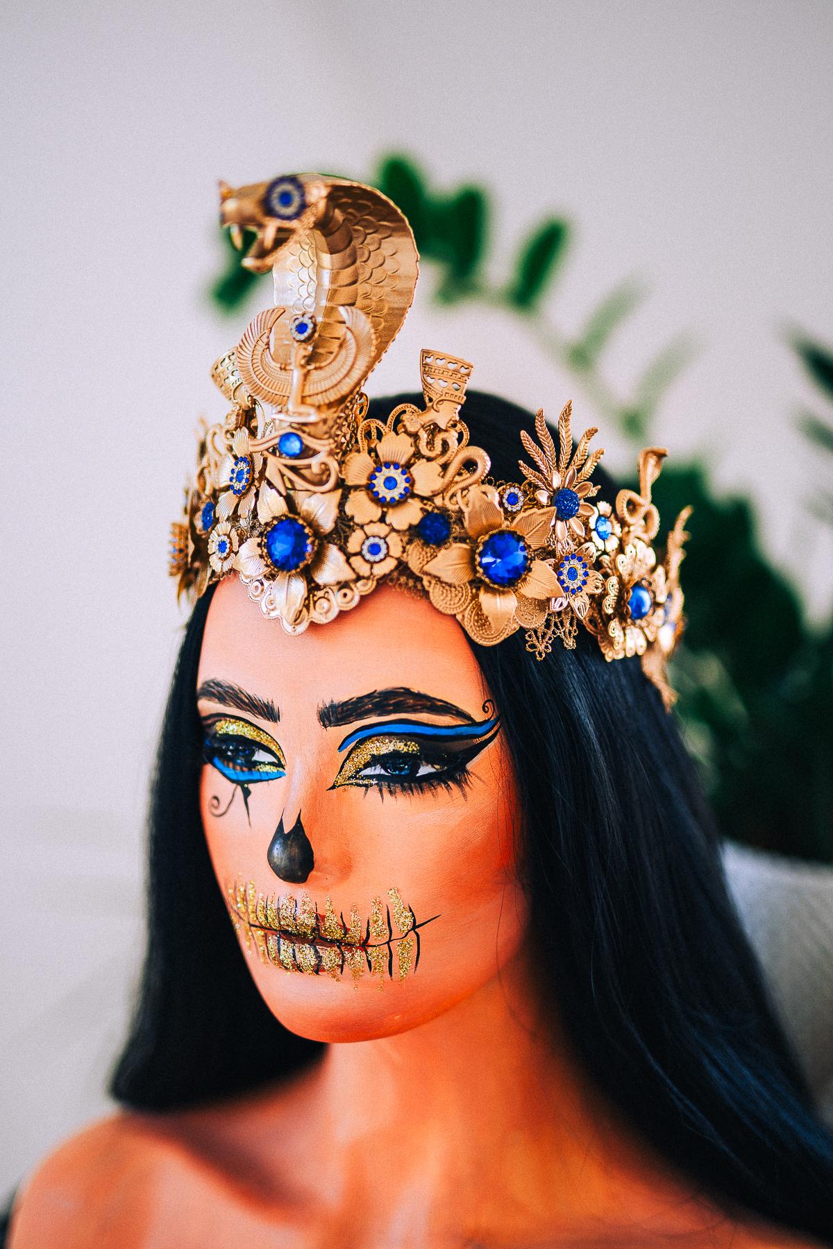 Luxury Cleopatra Crown, Egyptian Cobra Crown, Blue Gold Halloween Crown, Queen of the Nile Headpiece, Fantasy Costume Crown