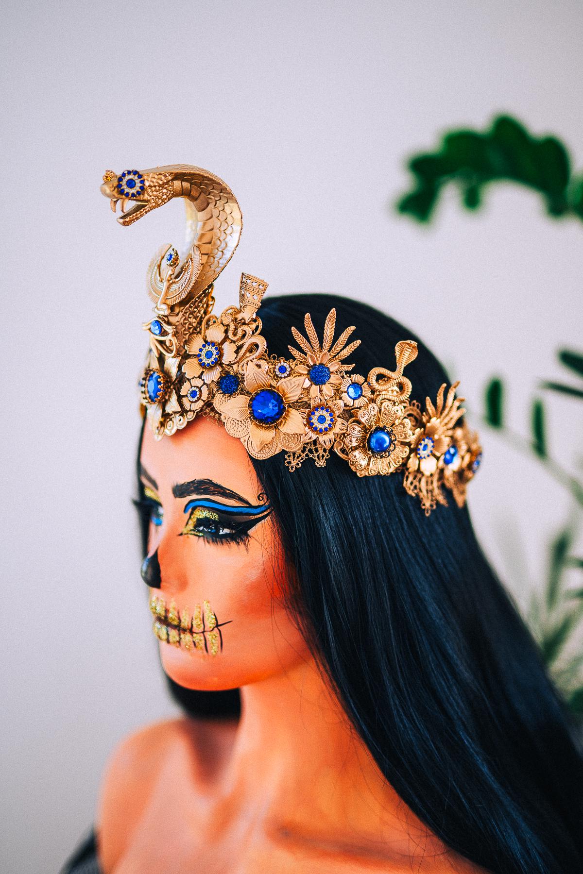 Luxury Cleopatra Crown, Egyptian Cobra Crown, Blue Gold Halloween Crown, Queen of the Nile Headpiece, Fantasy Costume Crown