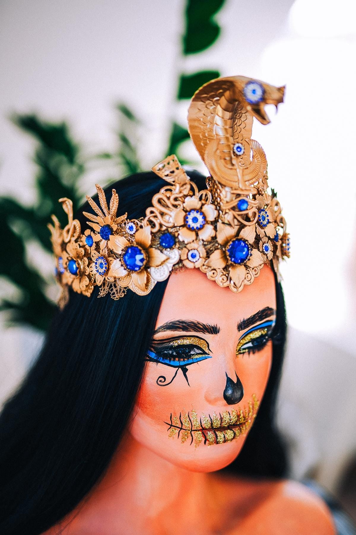 Luxury Cleopatra Crown, Egyptian Cobra Crown, Blue Gold Halloween Crown, Queen of the Nile Headpiece, Fantasy Costume Crown