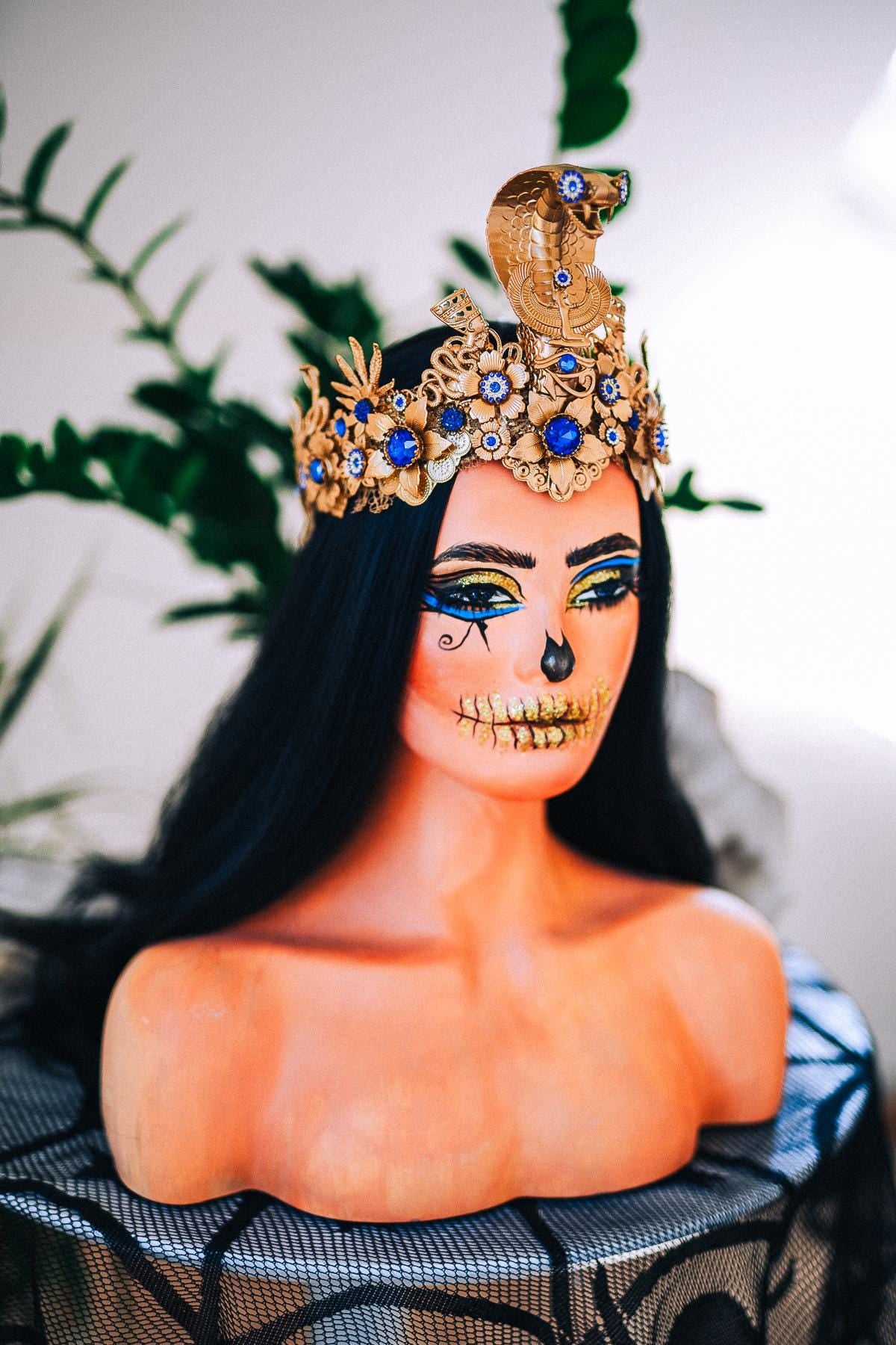 Luxury Cleopatra Crown, Egyptian Cobra Crown, Blue Gold Halloween Crown, Queen of the Nile Headpiece, Fantasy Costume Crown
