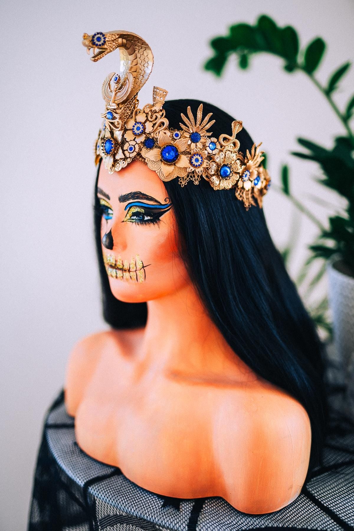 Luxury Cleopatra Crown, Egyptian Cobra Crown, Blue Gold Halloween Crown, Queen of the Nile Headpiece, Fantasy Costume Crown