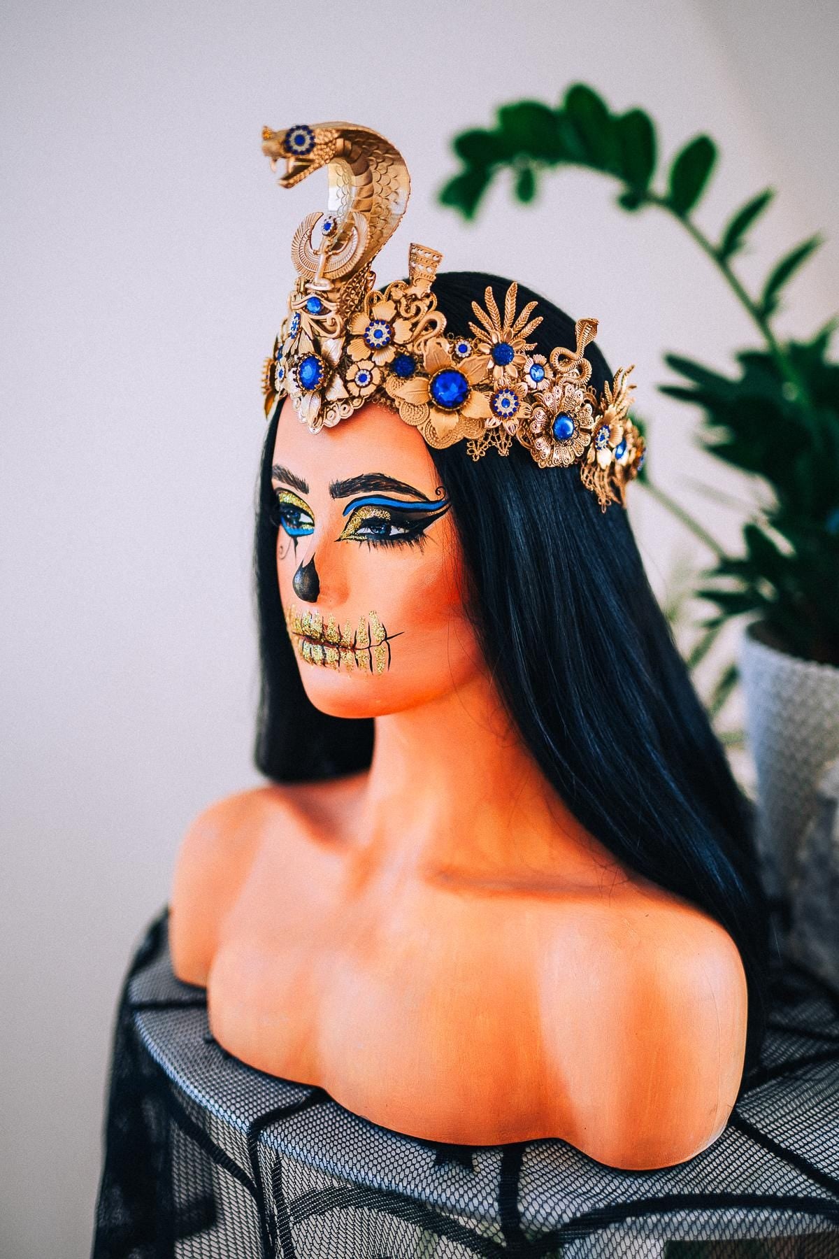 Luxury Cleopatra Crown, Egyptian Cobra Crown, Blue Gold Halloween Crown, Queen of the Nile Headpiece, Fantasy Costume Crown