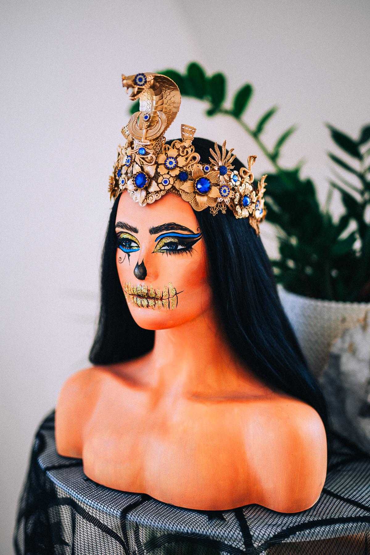 Luxury Cleopatra Crown, Egyptian Cobra Crown, Blue Gold Halloween Crown, Queen of the Nile Headpiece, Fantasy Costume Crown