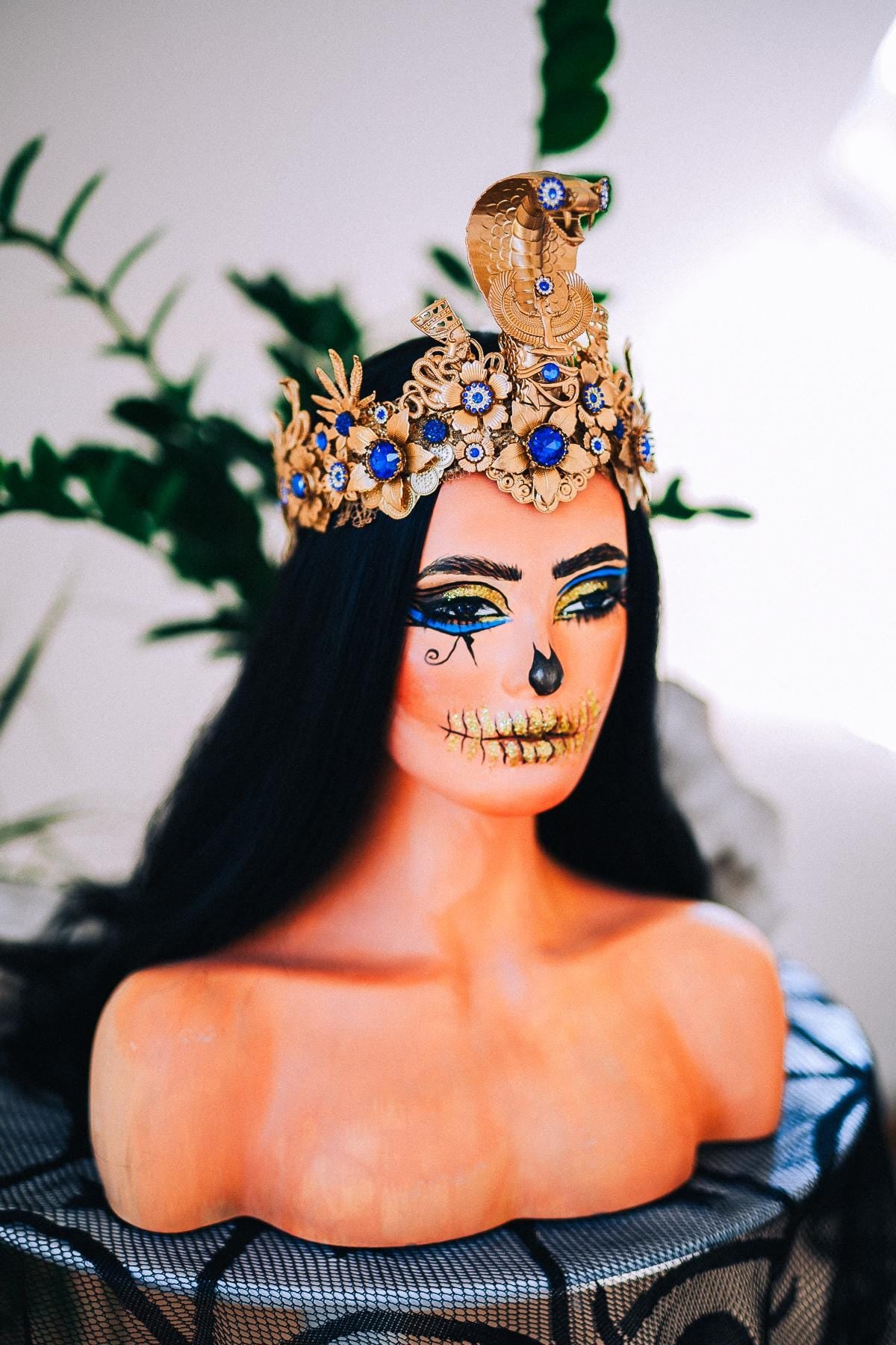 Luxury Cleopatra Crown, Egyptian Cobra Crown, Blue Gold Halloween Crown, Queen of the Nile Headpiece, Fantasy Costume Crown