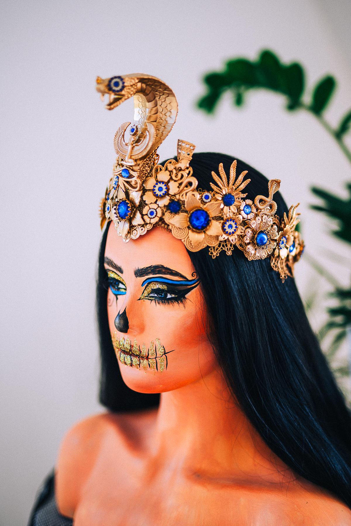 Luxury Cleopatra Crown, Egyptian Cobra Crown, Blue Gold Halloween Crown, Queen of the Nile Headpiece, Fantasy Costume Crown