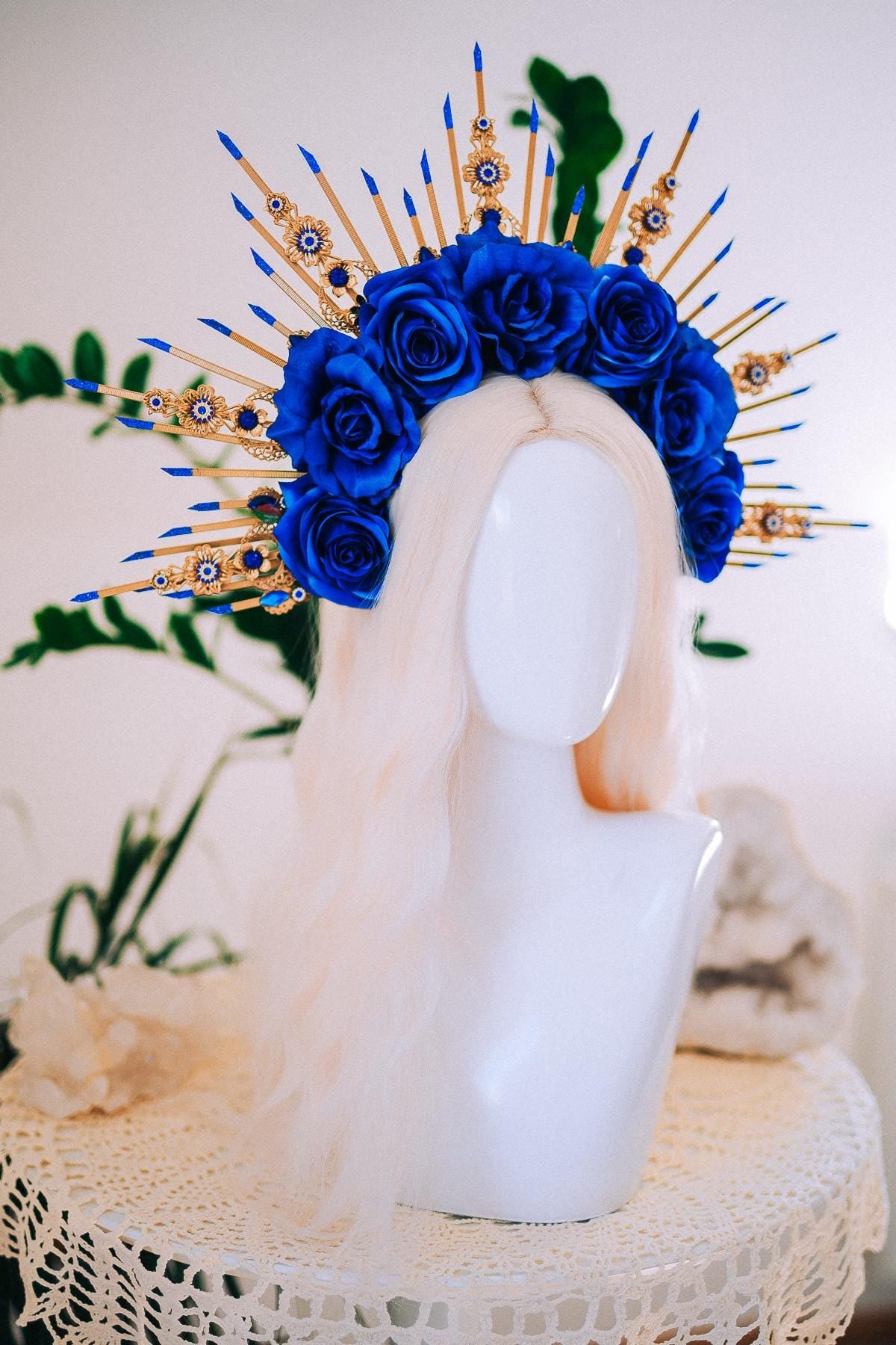 Royal Blue Rose Halo Crown, Maternity Photoshoot Crown, Goddess Flower Headpiece, Fantasy Festival Floral Crown