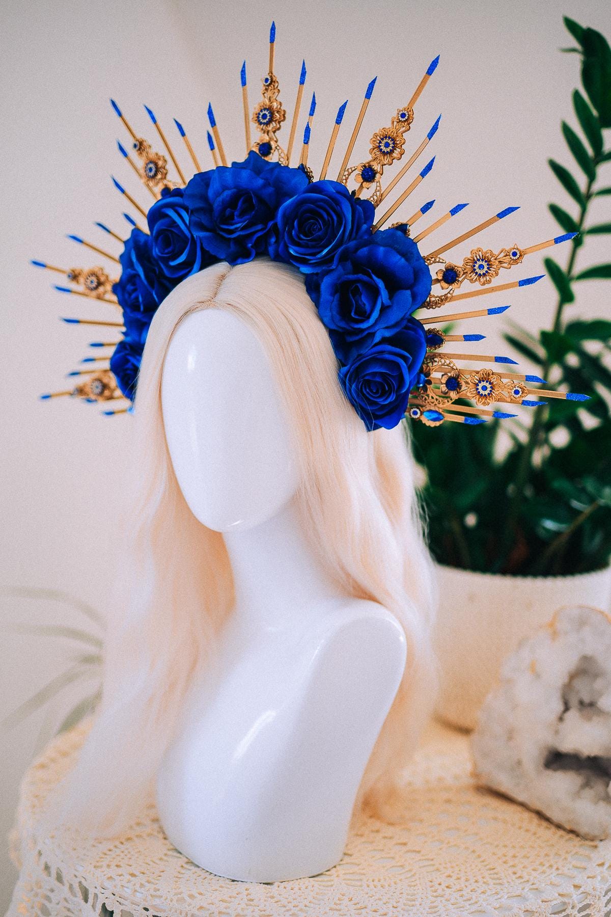 Royal Blue Rose Halo Crown, Maternity Photoshoot Crown, Goddess Flower Headpiece, Fantasy Festival Floral Crown