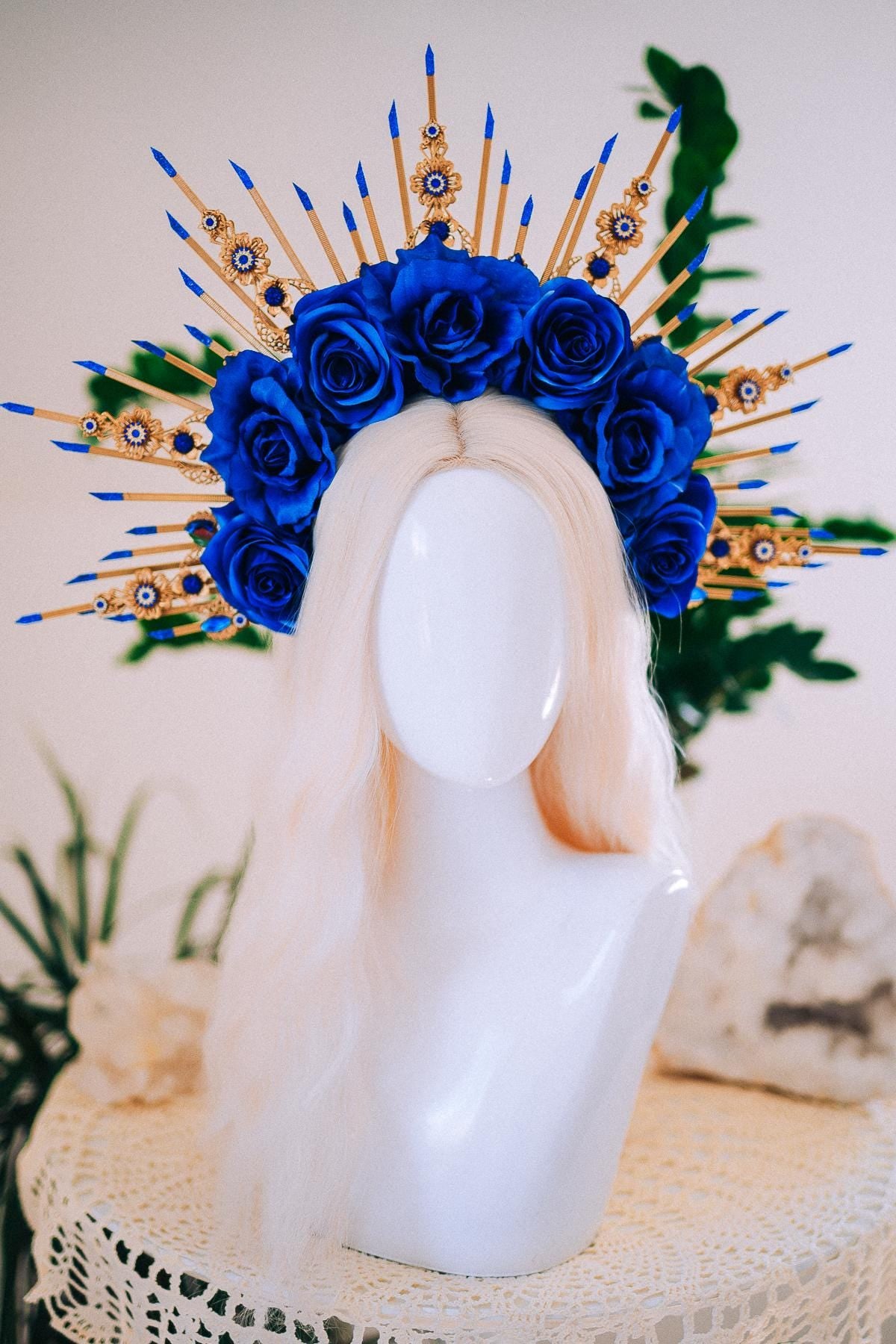 Royal Blue Rose Halo Crown, Maternity Photoshoot Crown, Goddess Flower Headpiece, Fantasy Festival Floral Crown