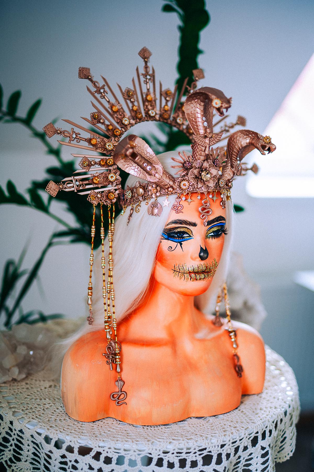 Champagne Cobra Cleopatra Crown, Egyptian Goddess Headpiece, Bronze Fantasy Crown, Halloween Costume Crown