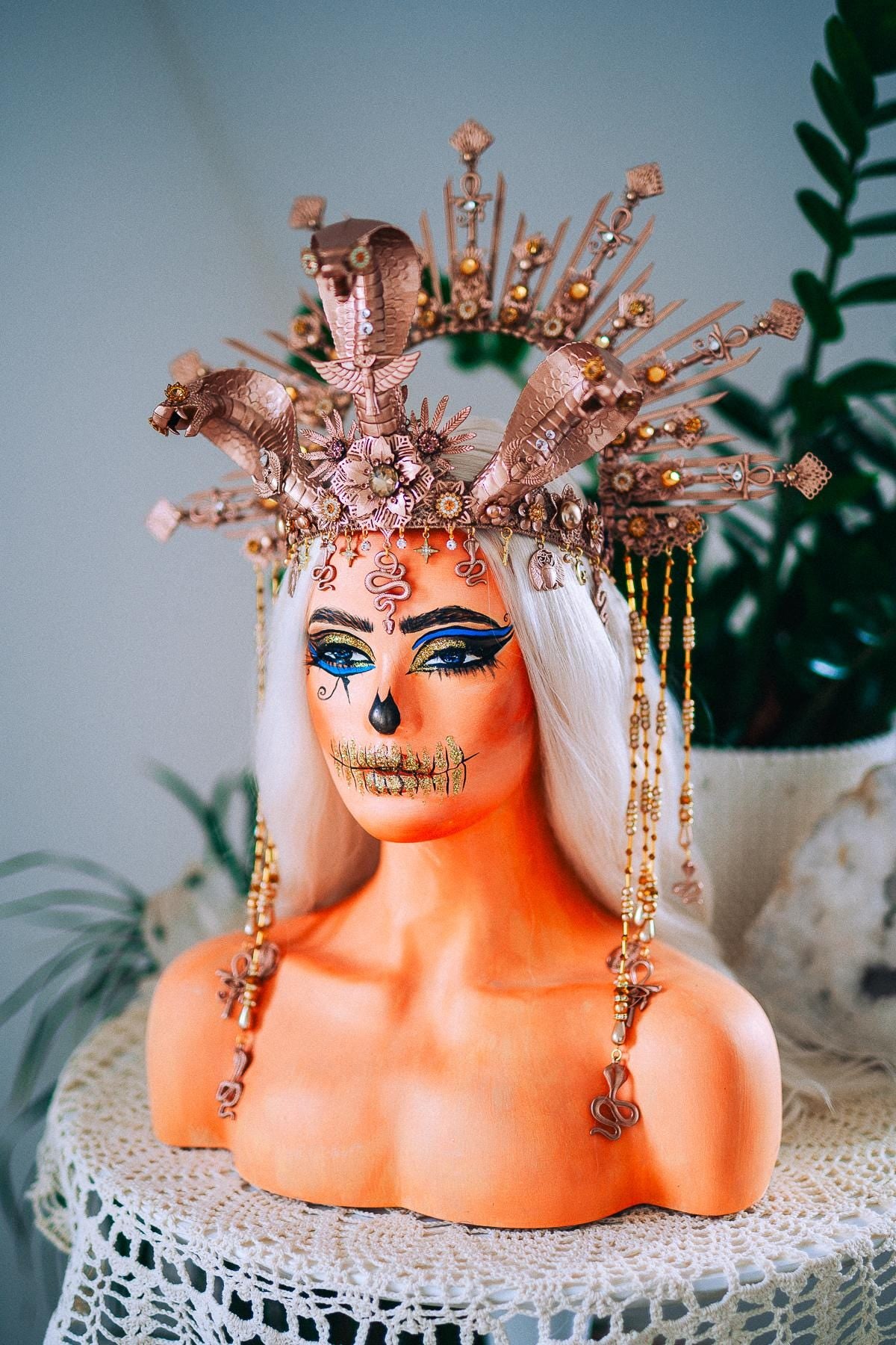 Champagne Cobra Cleopatra Crown, Egyptian Goddess Headpiece, Bronze Fantasy Crown, Halloween Costume Crown