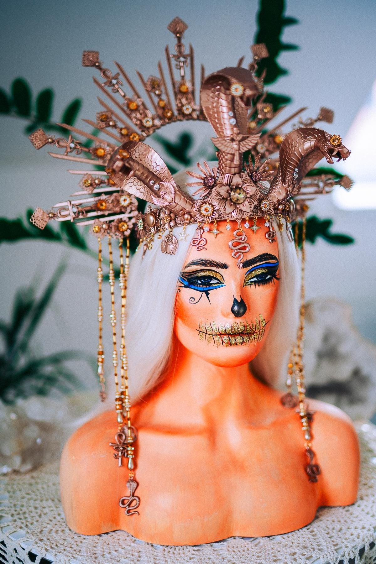 Champagne Cobra Cleopatra Crown, Egyptian Goddess Headpiece, Bronze Fantasy Crown, Halloween Costume Crown