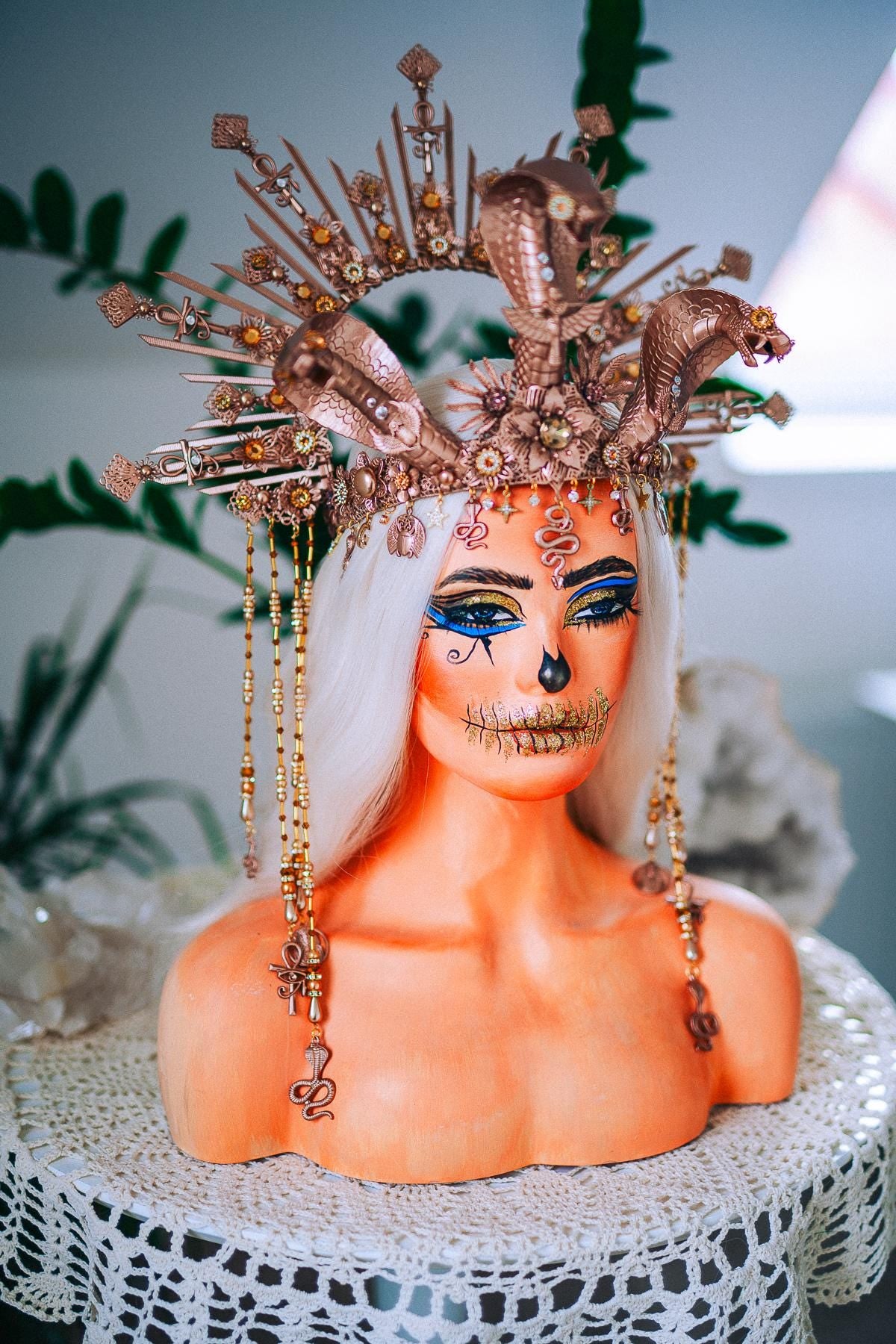 Champagne Cobra Cleopatra Crown, Egyptian Goddess Headpiece, Bronze Fantasy Crown, Halloween Costume Crown