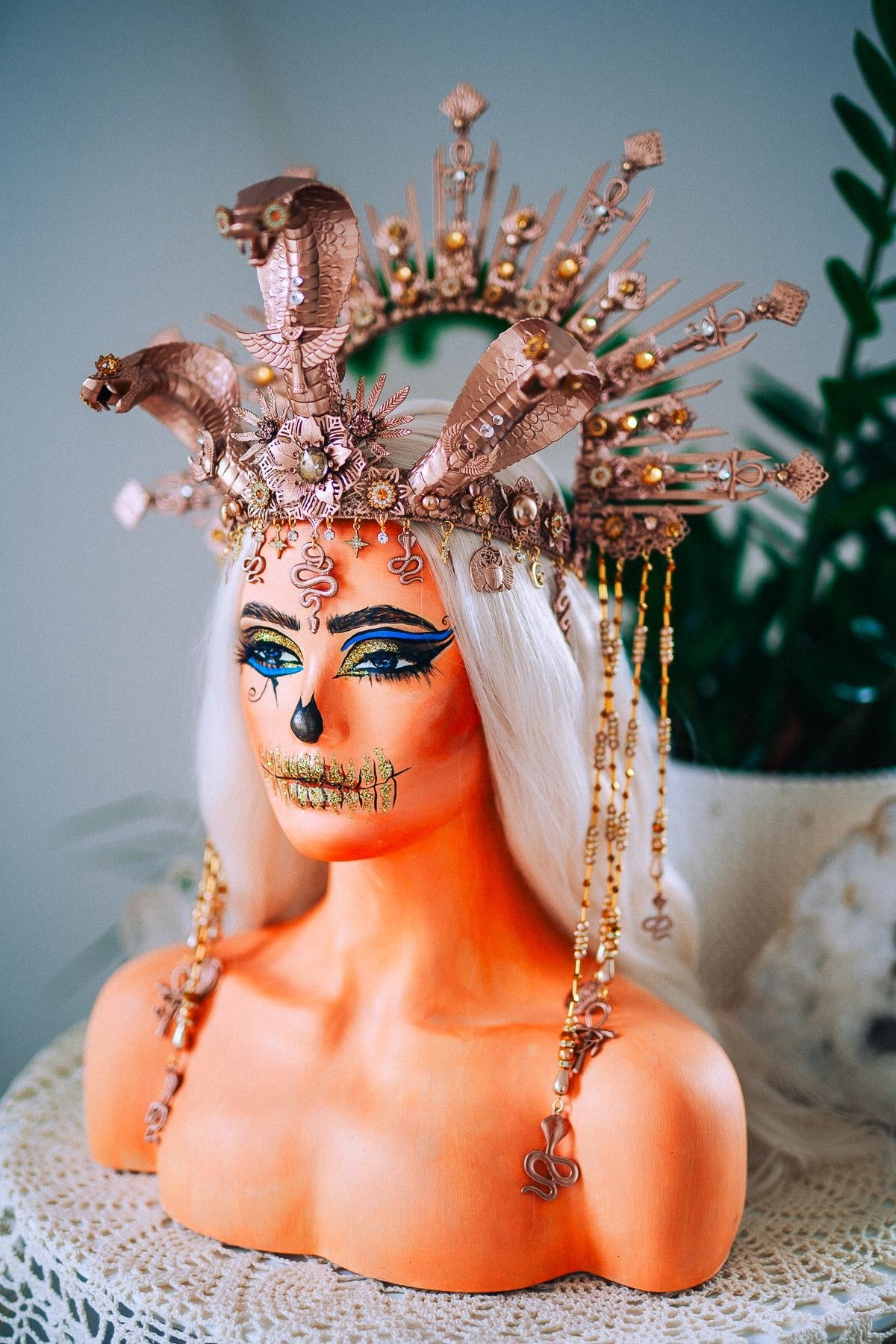 Champagne Cobra Cleopatra Crown, Egyptian Goddess Headpiece, Bronze Fantasy Crown, Halloween Costume Crown