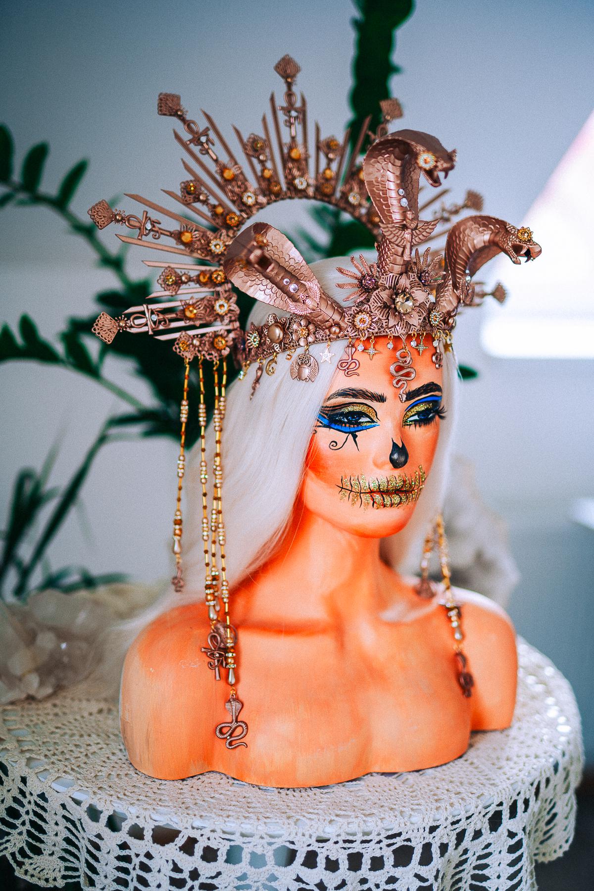 Champagne Cobra Cleopatra Crown, Egyptian Goddess Headpiece, Bronze Fantasy Crown, Halloween Costume Crown