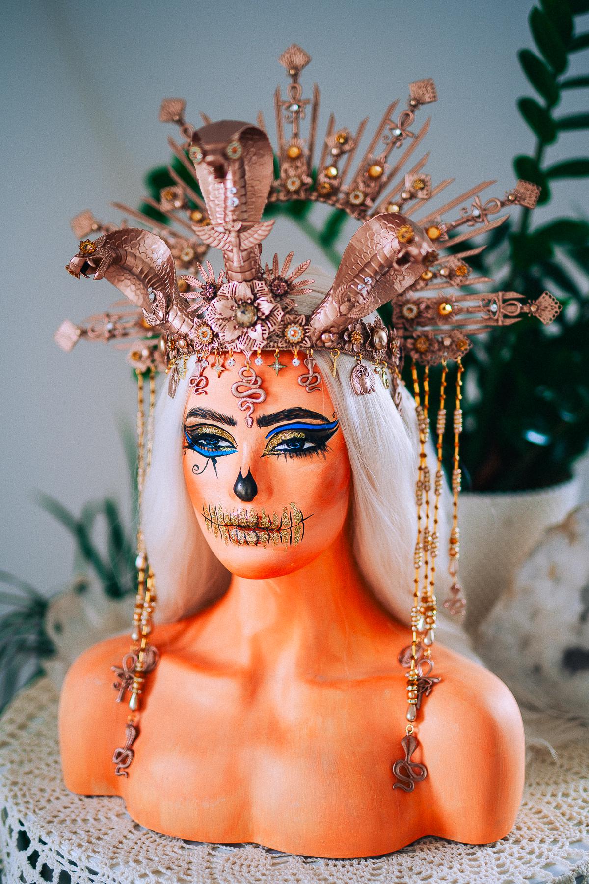Champagne Cobra Cleopatra Crown, Egyptian Goddess Headpiece, Bronze Fantasy Crown, Halloween Costume Crown