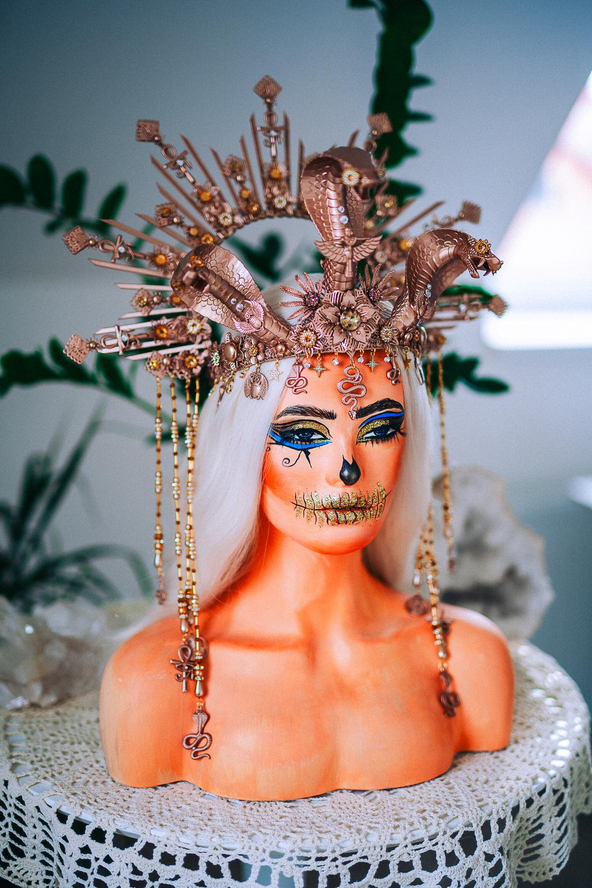 Champagne Cobra Cleopatra Crown, Egyptian Goddess Headpiece, Bronze Fantasy Crown, Halloween Costume Crown