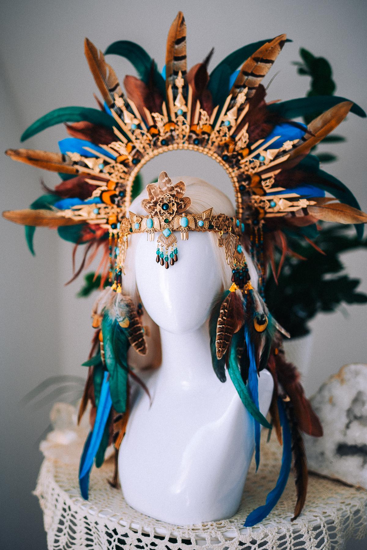 Handcrafted Feather Earrings, Turquoise, Antique Gold, Bohemian Statement Jewelry