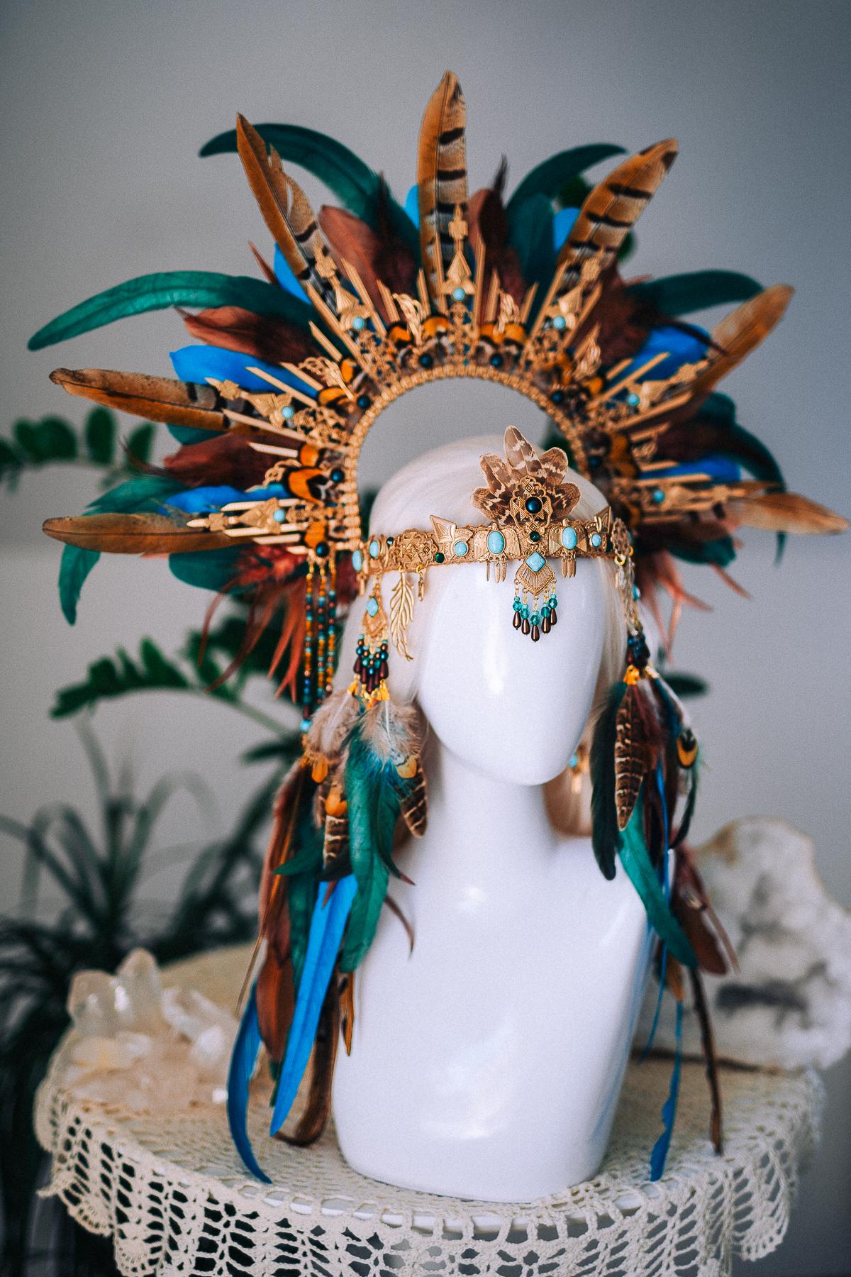 Handcrafted Feather Earrings, Turquoise, Antique Gold, Bohemian Statement Jewelry