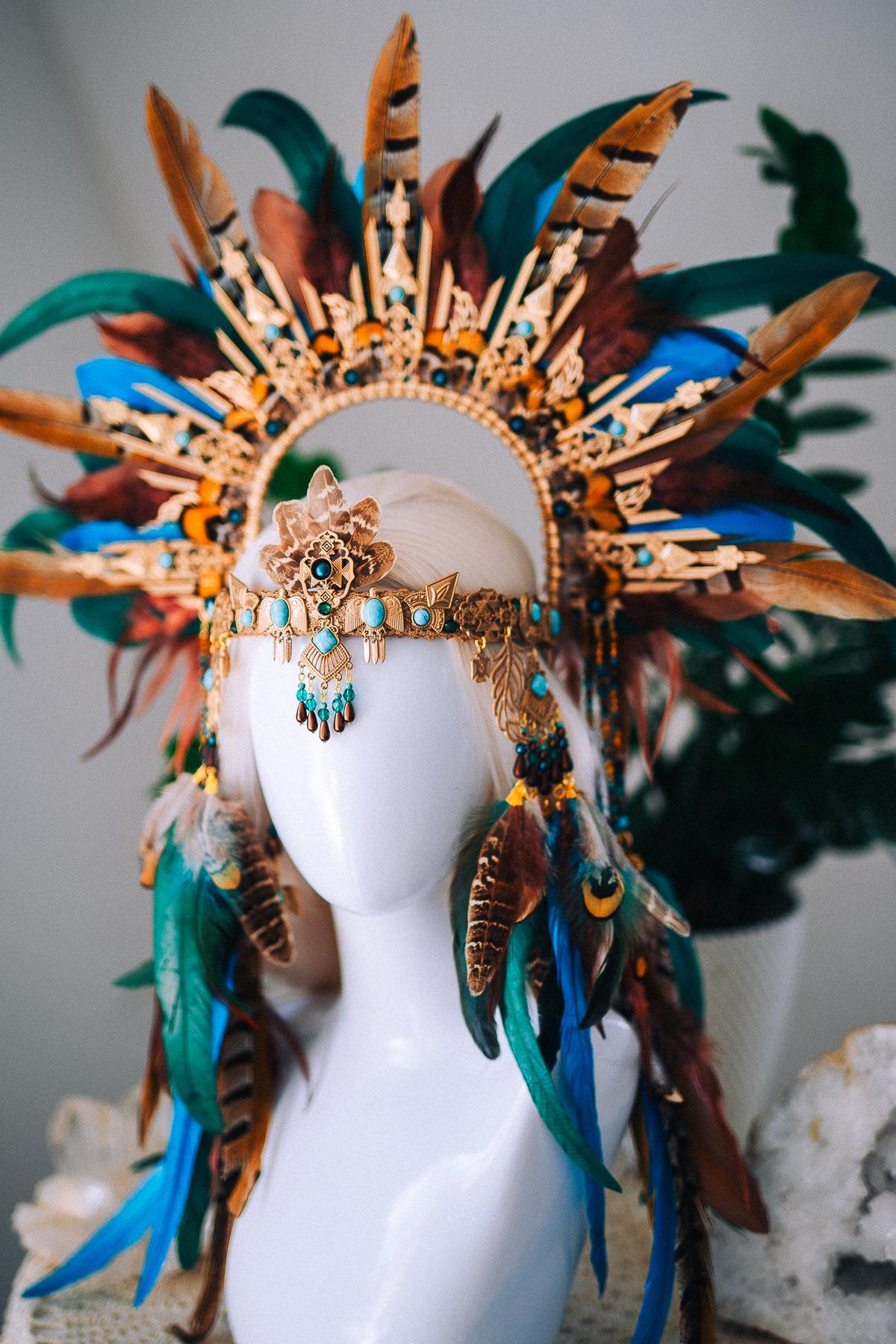 Handcrafted Feather Earrings, Turquoise, Antique Gold, Bohemian Statement Jewelry