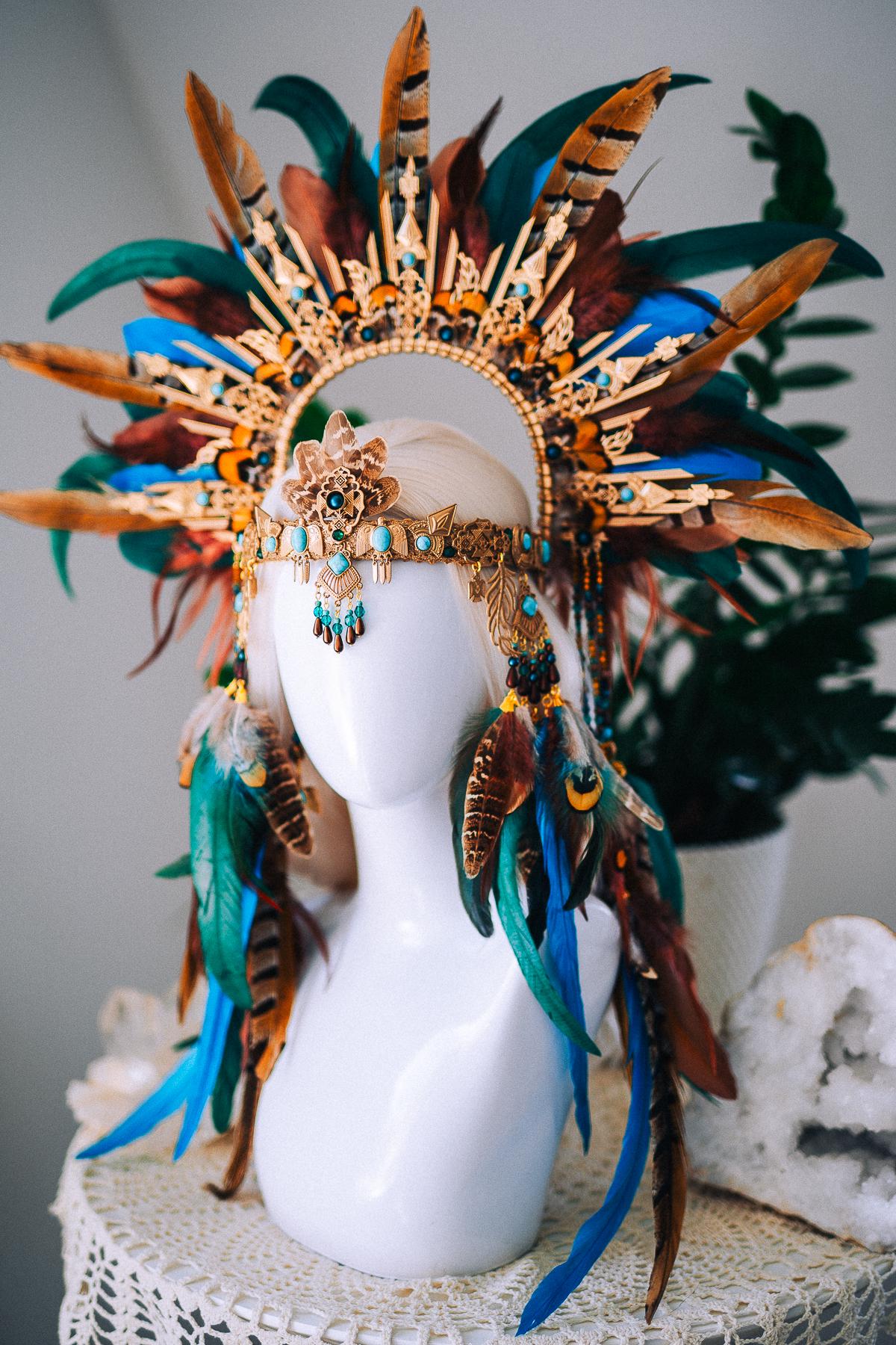 Handcrafted Feather Earrings, Turquoise, Antique Gold, Bohemian Statement Jewelry