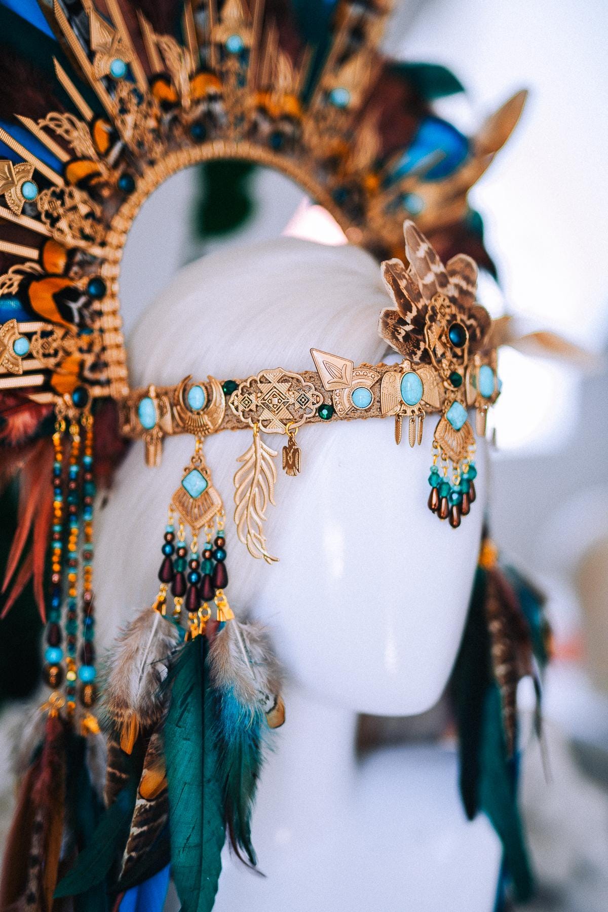 Handcrafted Feather Earrings, Turquoise, Antique Gold, Bohemian Statement Jewelry