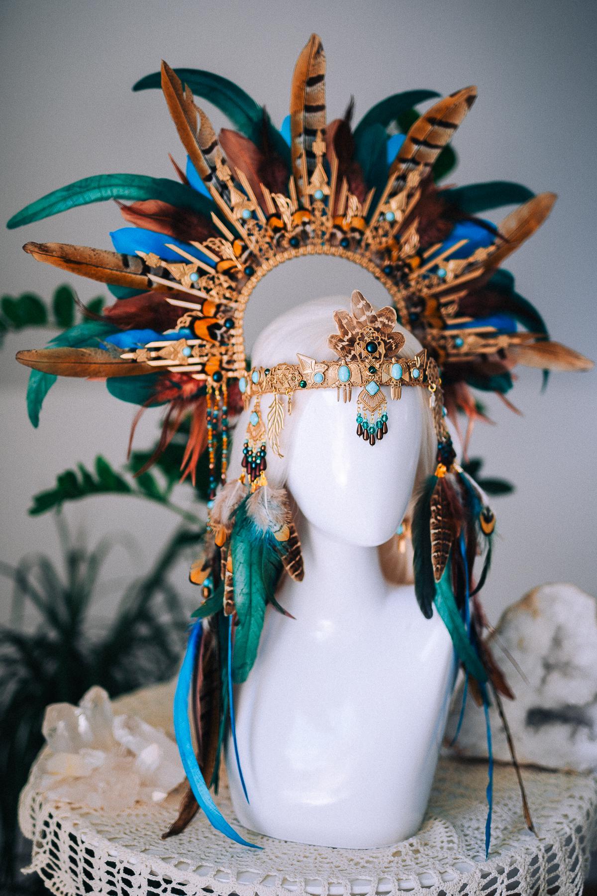 Handcrafted Feather Earrings, Turquoise, Antique Gold, Bohemian Statement Jewelry