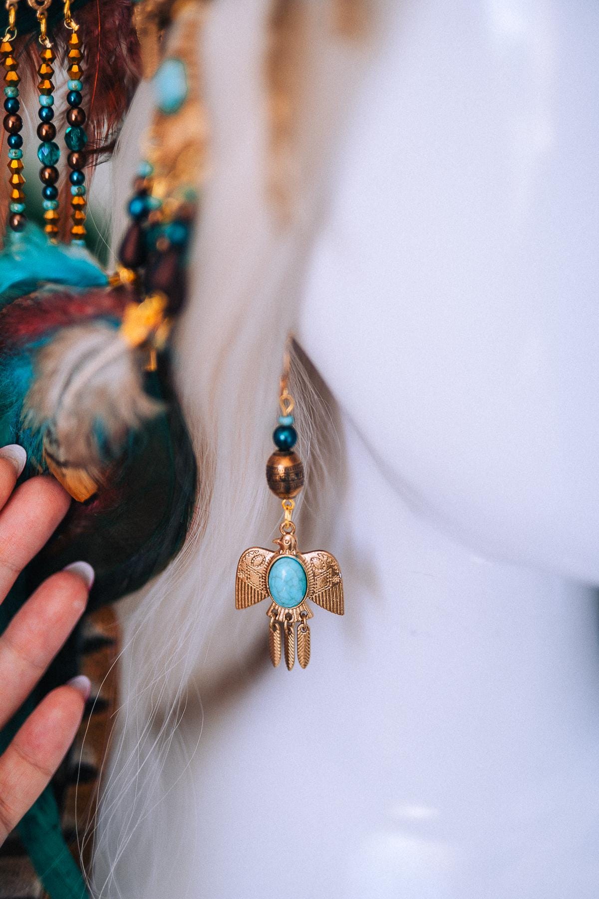 Handcrafted Feather Earrings, Turquoise, Antique Gold, Bohemian Statement Jewelry