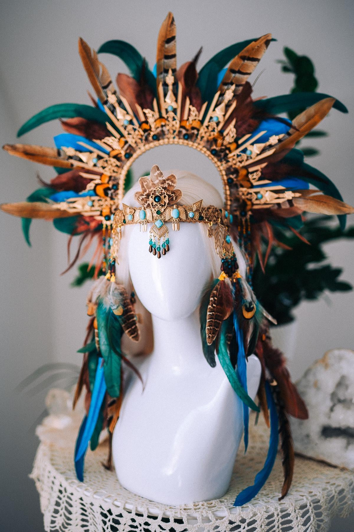 Boho Feather Halo Crown, Goddess Festival Crown, Turquoise Feather Headpiece, Luxury Festival Headpiece, Statement Halo Crown