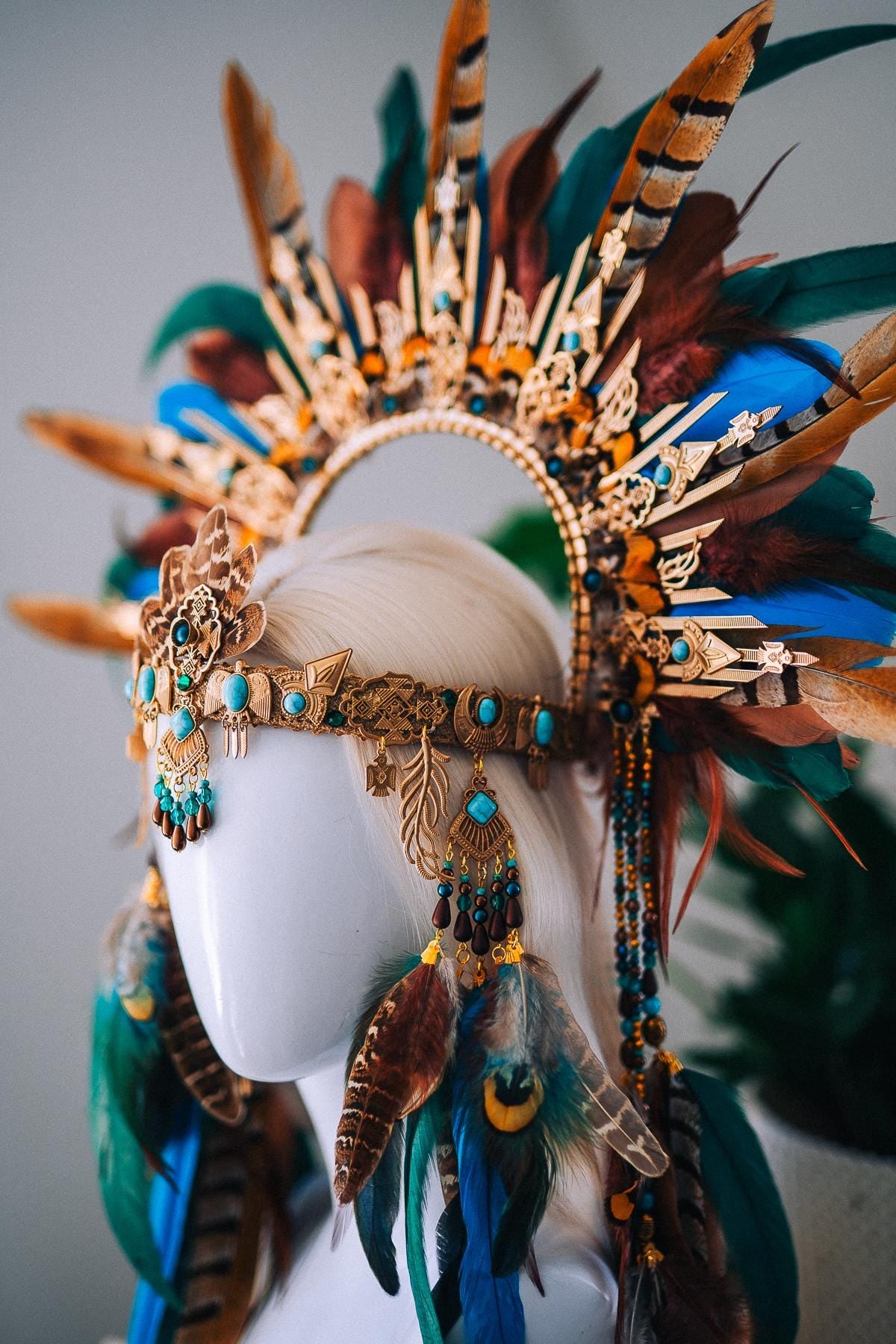 Boho Feather Halo Crown, Goddess Festival Crown, Turquoise Feather Headpiece, Luxury Festival Headpiece, Statement Halo Crown